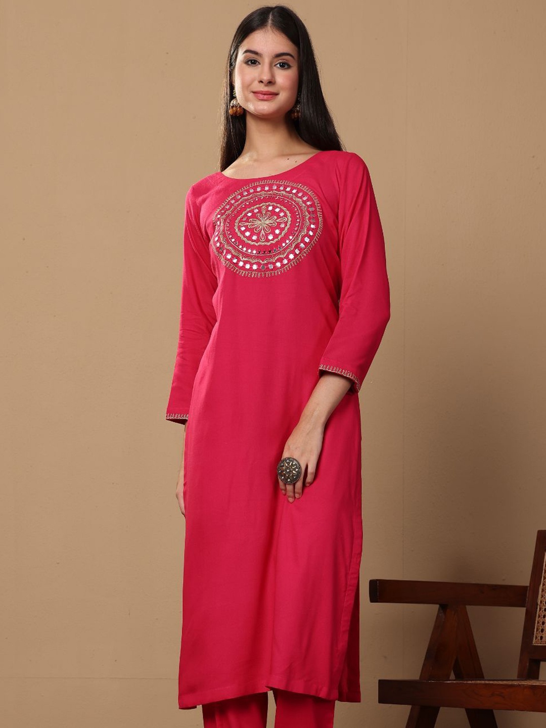 

Lative Colours of Fashion Women Floral Yoke Design Regular Mirror Work Kurta with Trousers & With Dupatta, Pink