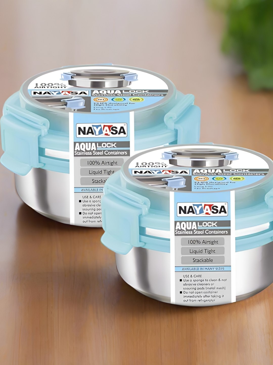 

Nayasa Round Set of 2 Blue Aqua Lock Stainless Steel Containers 300 ML