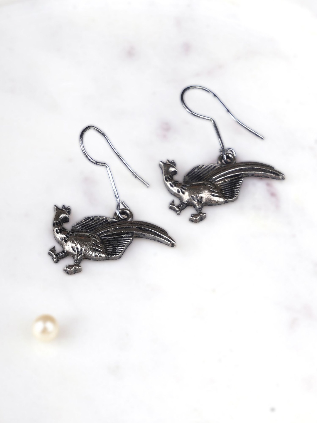 

Adwitiya Silver-Plated Peacock Shaped Oxidised Drop Earrings