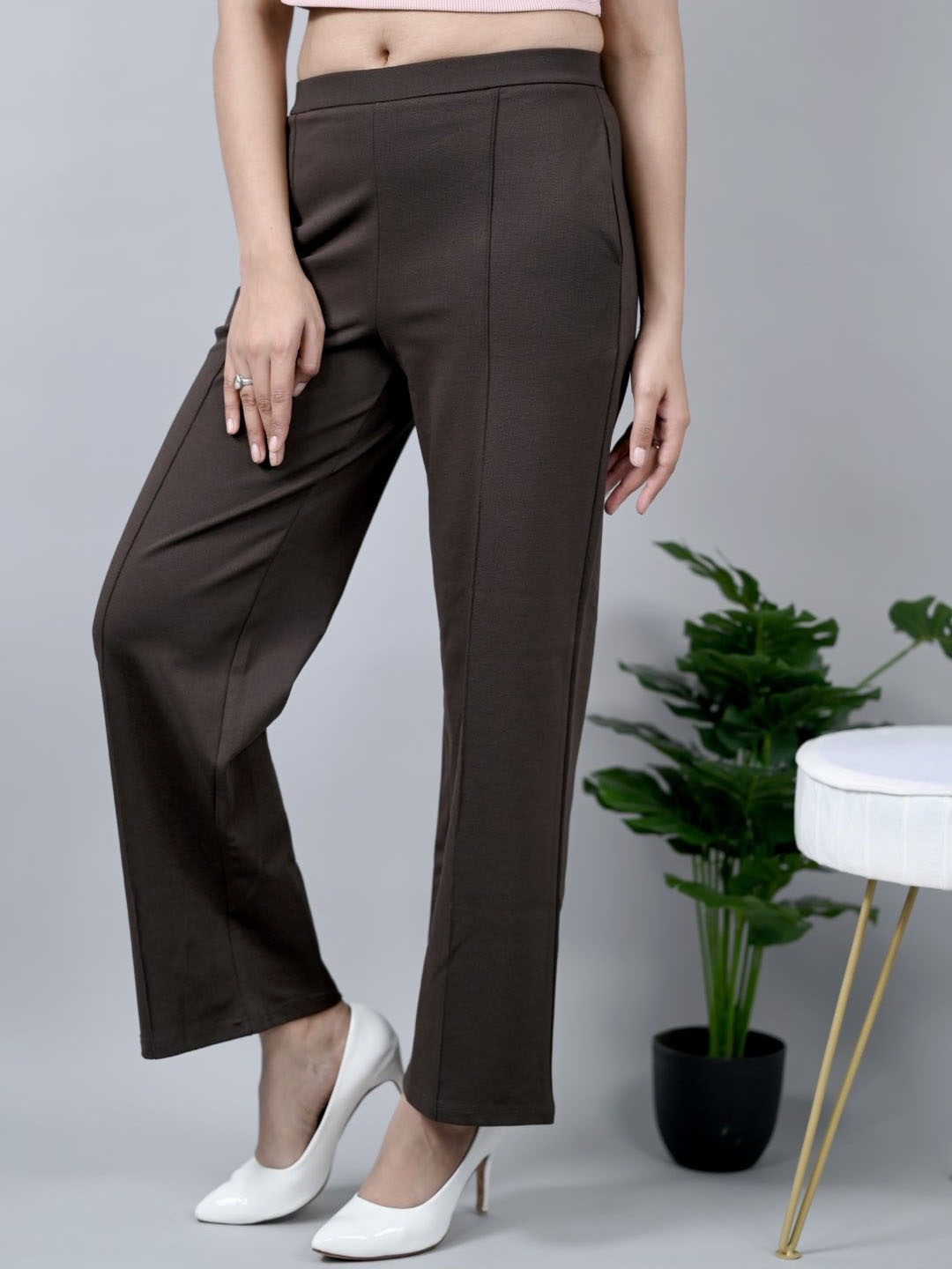 

Mlada Women Cotton Plus Size Wide Leg Flared Mid-Rise Stretchable Trouser, Coffee brown