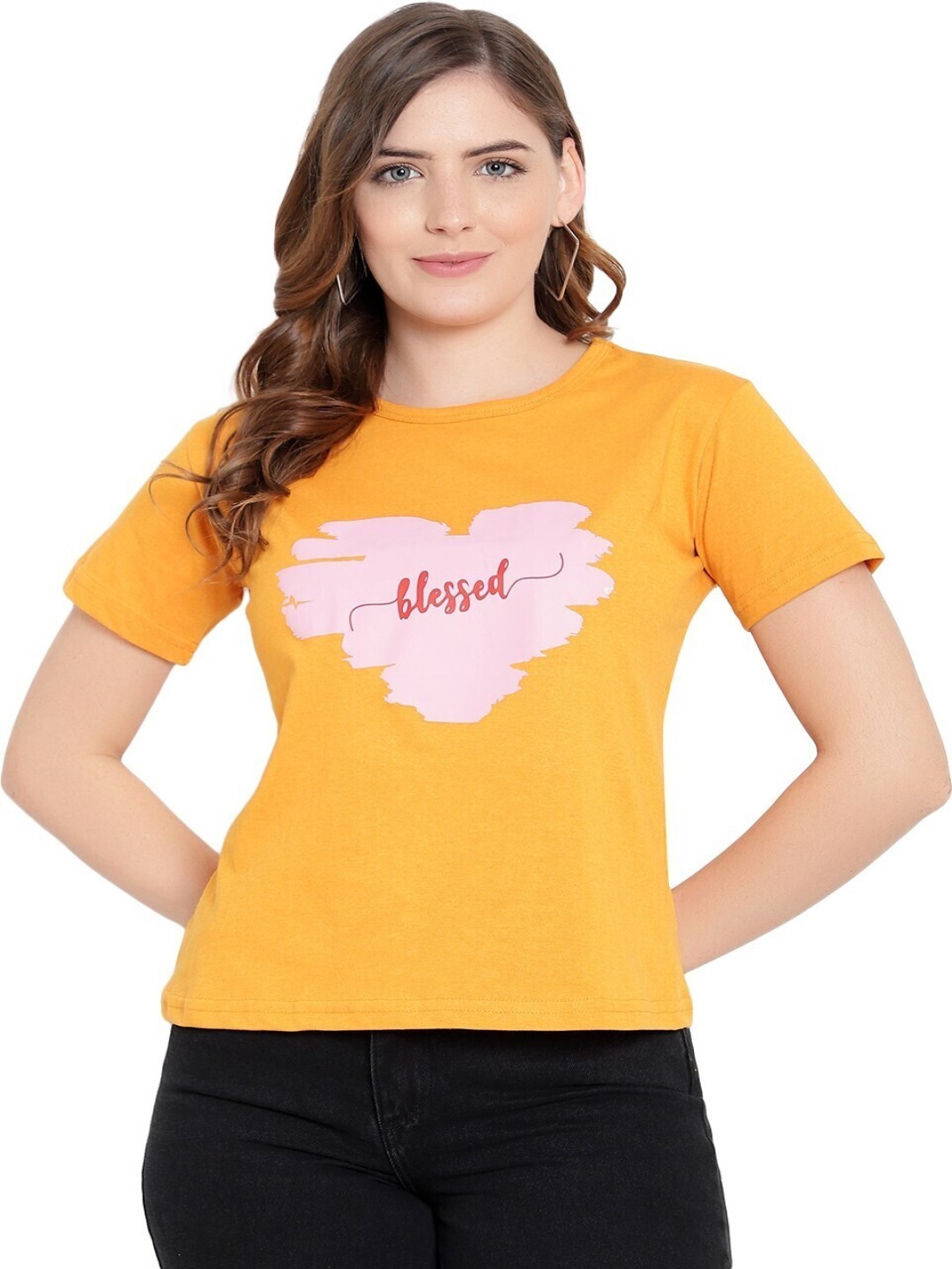 

DEEPMAYRA COLLECTION Women Cotton Graphic Printed T-shirt, Yellow