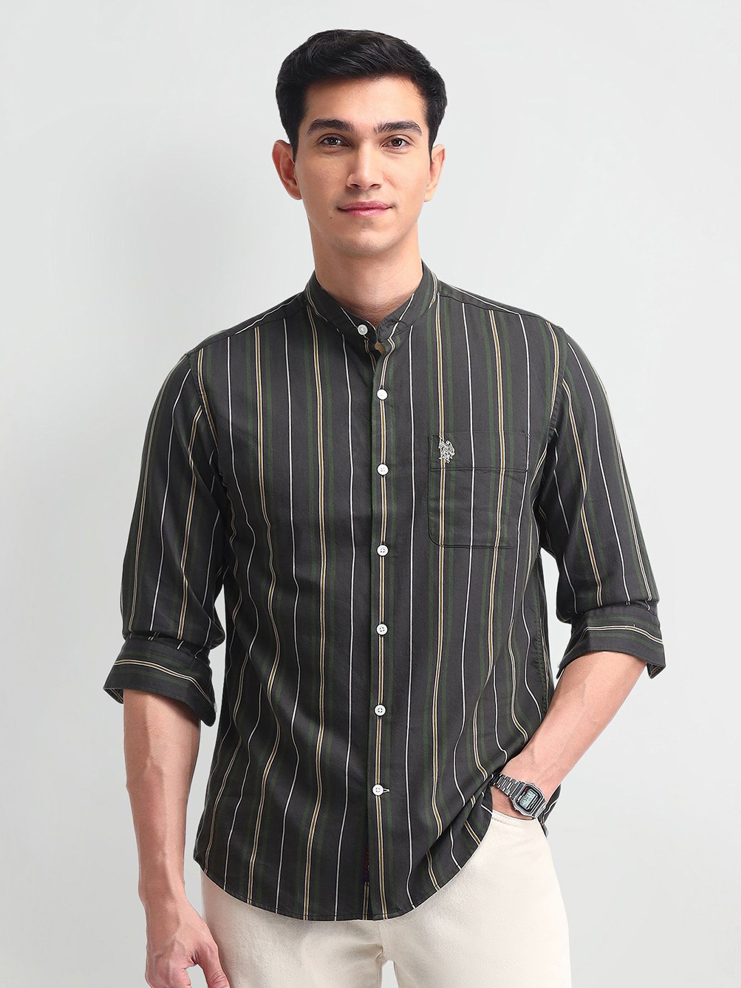 

U.S. Polo Assn. Denim Co. Men Manhattan Fit Vertical Striped Cotton Casual Shirt, Olive