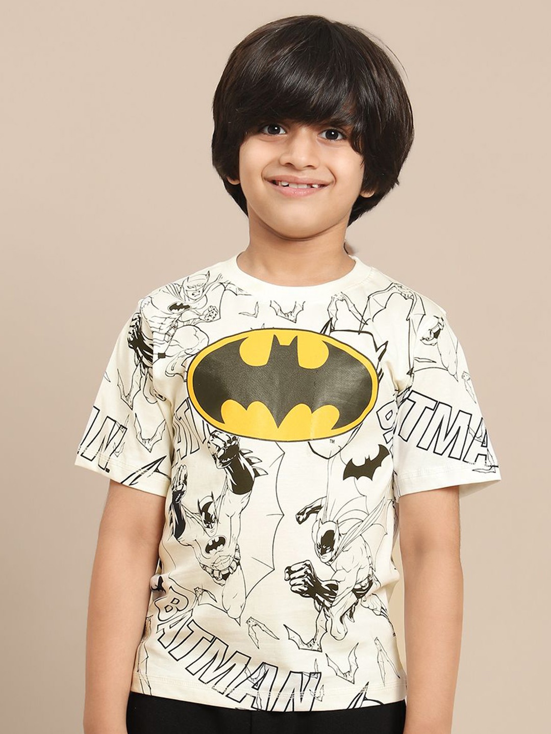 

Kids Ville Boys Batman Graphic Printed Round Neck Cotton T-shirt, Off white