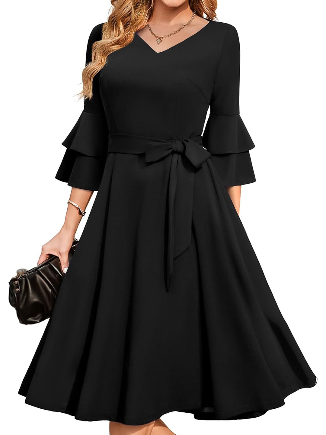 

C4D Bell Sleeve Fit & Flare Maxi Dress, Black