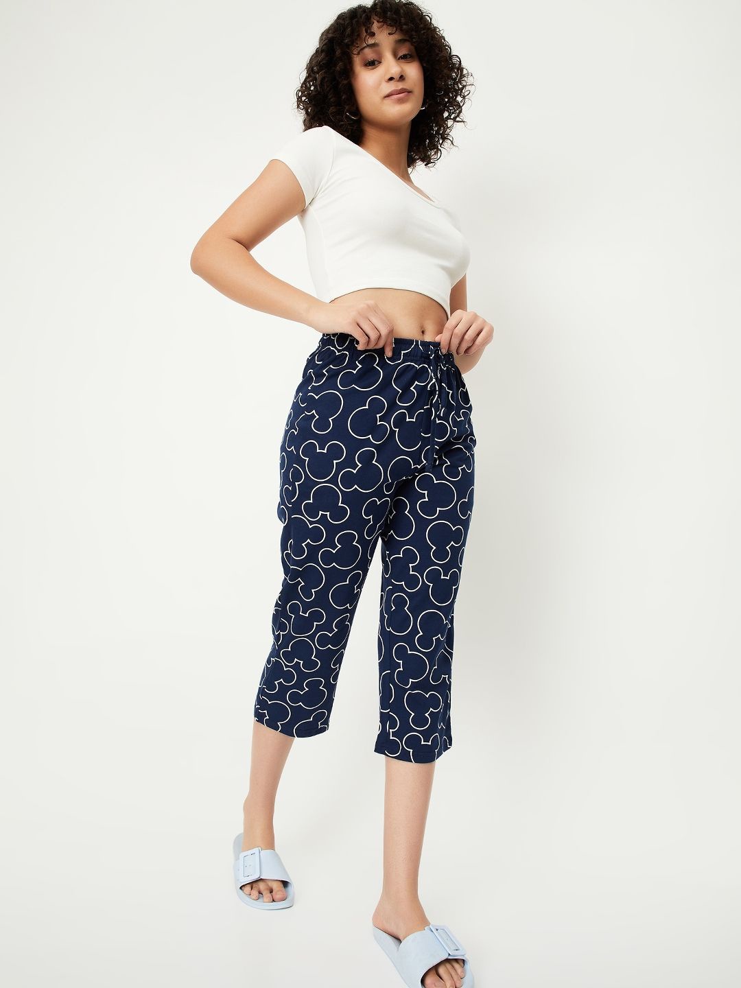 

max Women Printed Pure Cotton Straight Lounge Pants, Navy blue