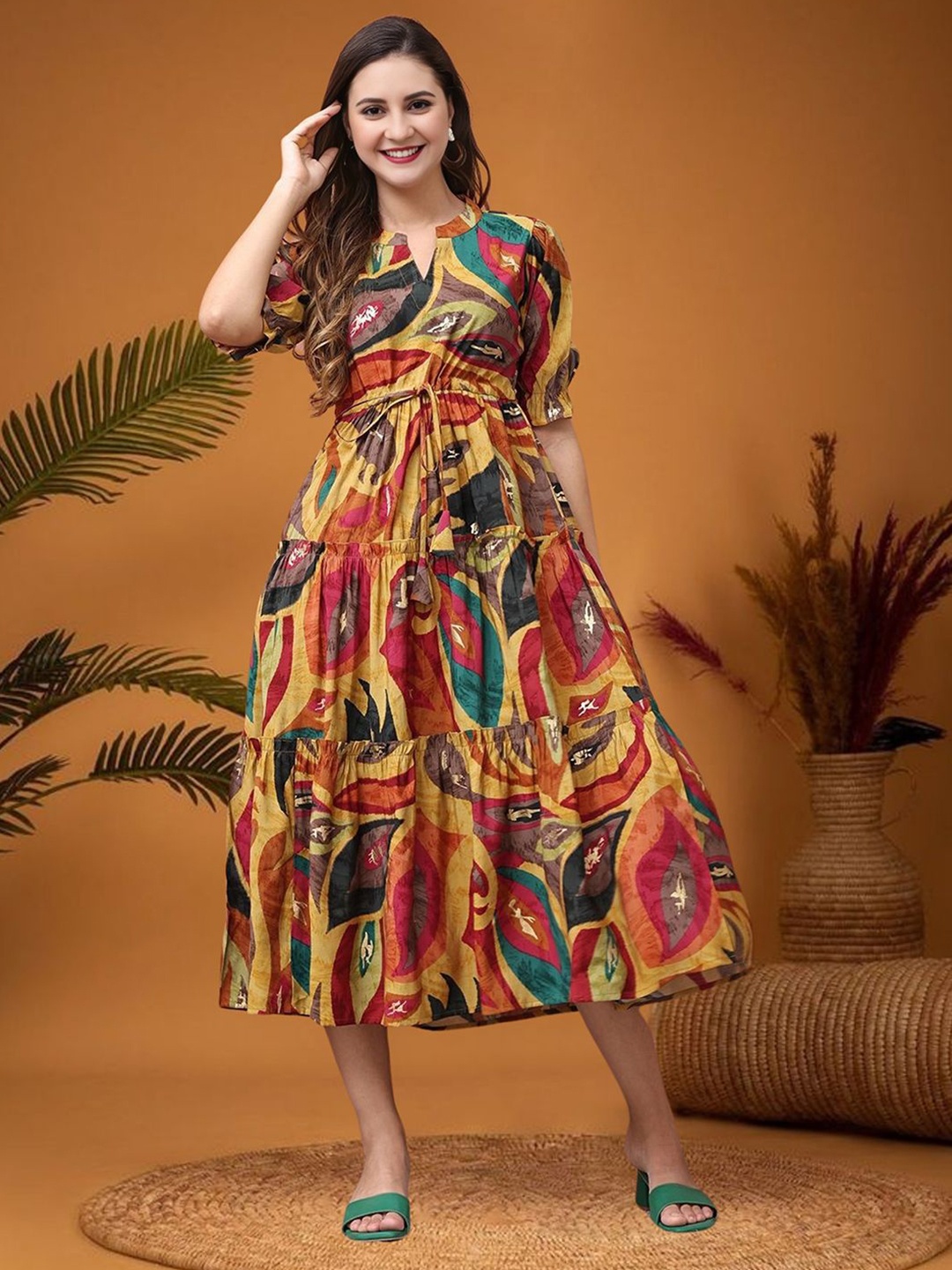 

DEKLOOK Abstract Printed Mandarin Collar Puff Sleeves Cotton Fit & Flare Midi Dress, Yellow