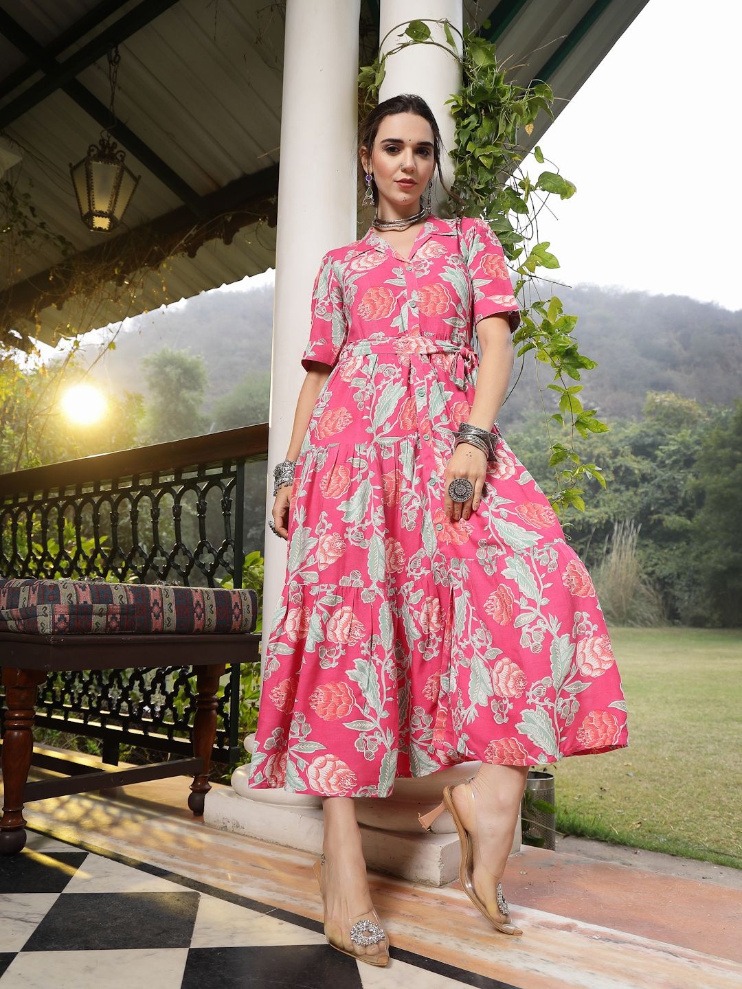 

Stylum Women Floral Printed Fit & Flare Midi Dress, Pink