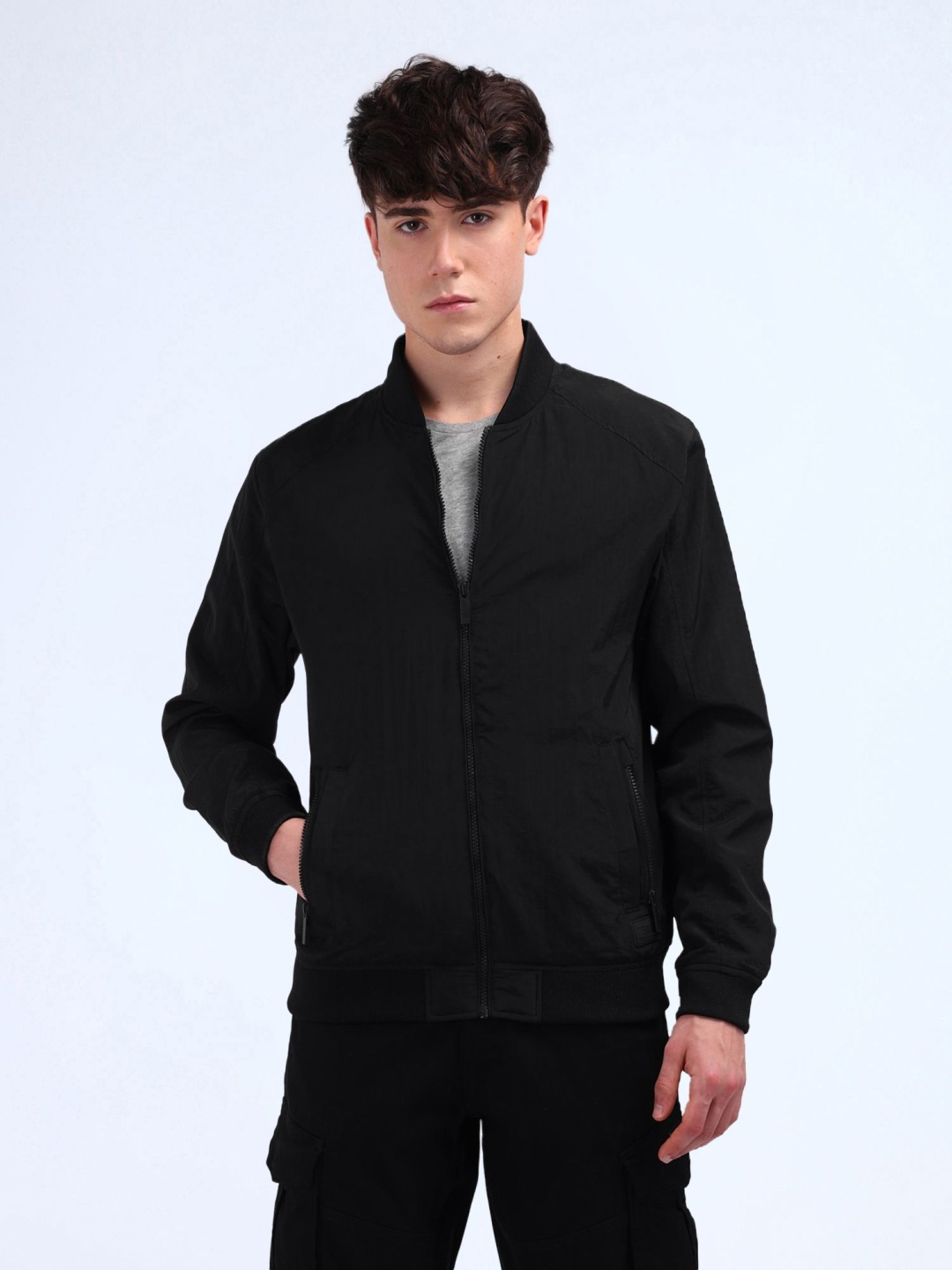 

Flying Machine Men Stand Collar Solid Casual Bomber Jacket, Black