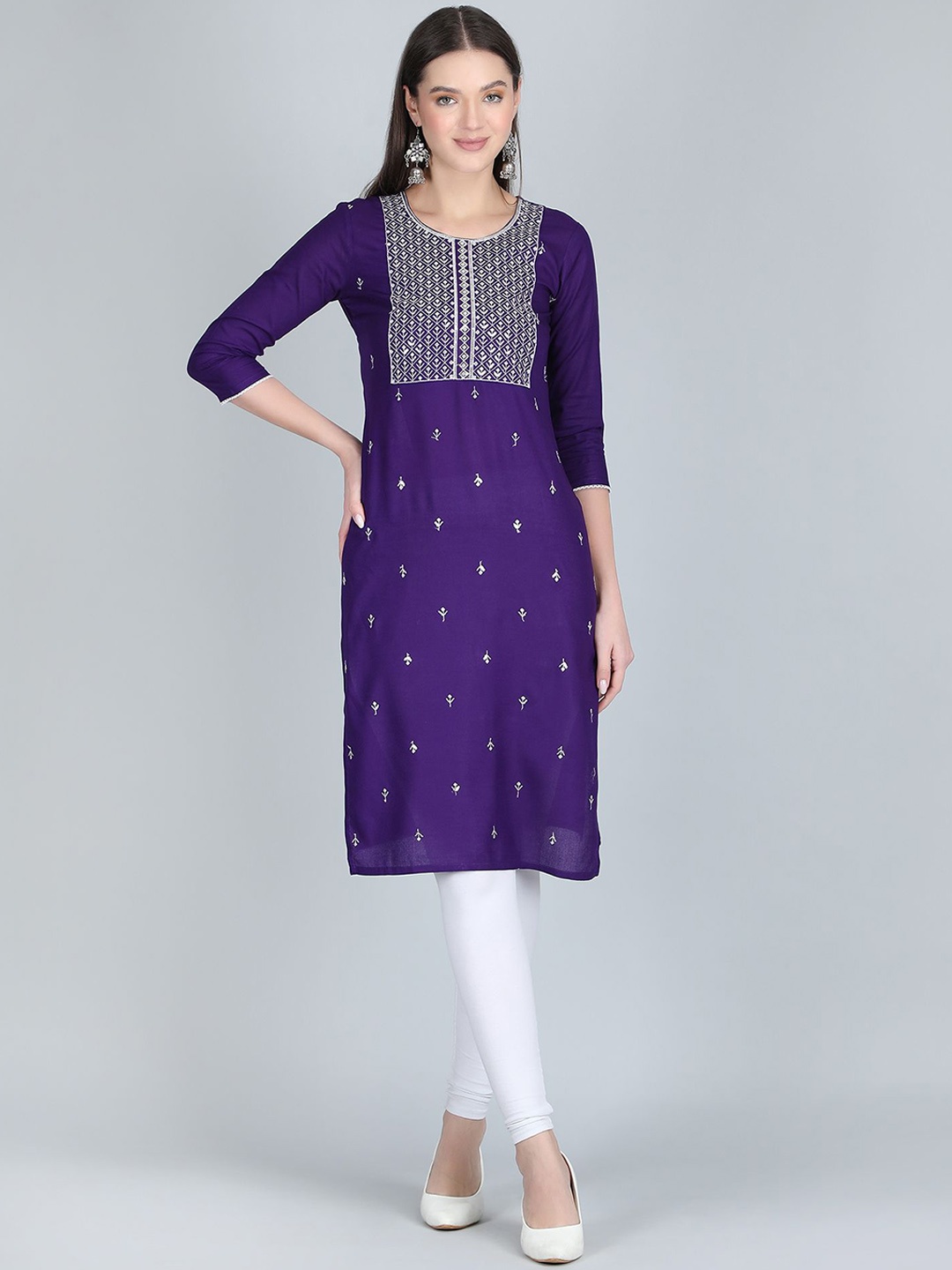 

ANANDITA Floral Embroidered Round Neck Sequinned Straight Kurta, Violet