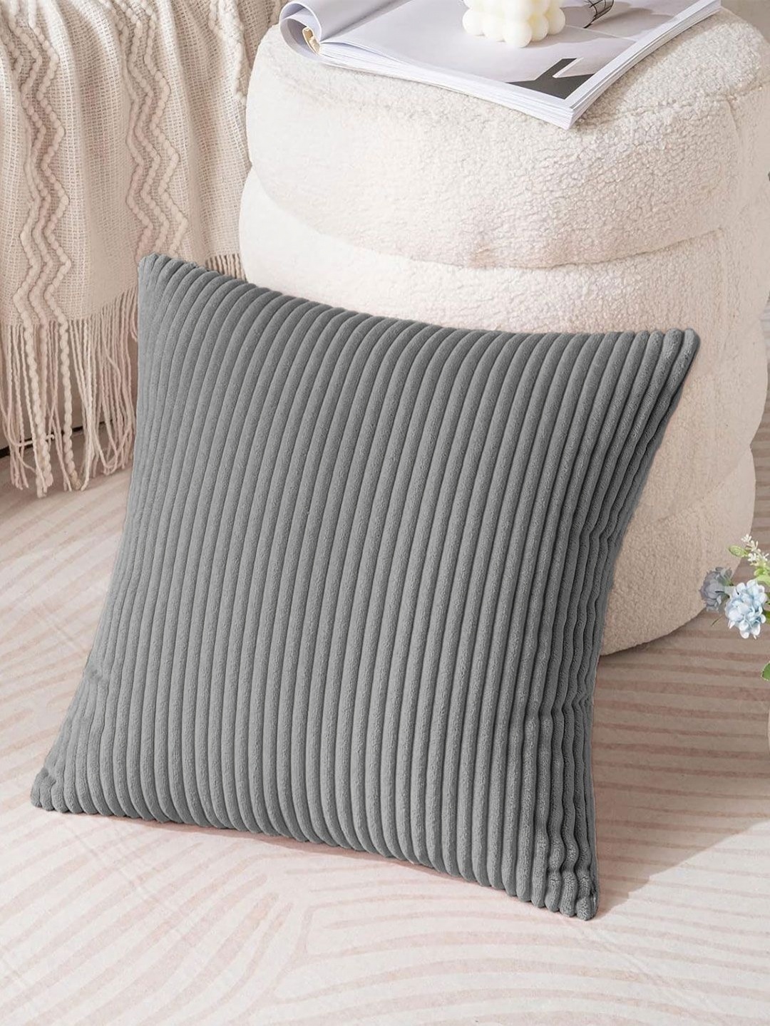 

LUXEHOME INTERNATIONAL Grey Striped Printed Square Cushion Cover