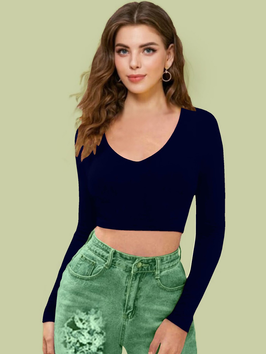 

Dream Beauty Fashion Women V-Neck Long Sleeves Fitted Crop Top, Navy blue