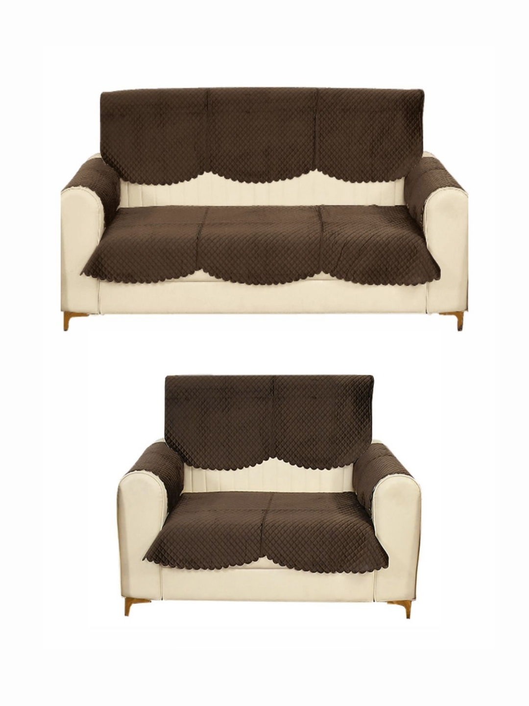 

Fashion Throw Coffee Brown 8 Pieces Checked 5-Seater Velvet Sofa Cover With Arms