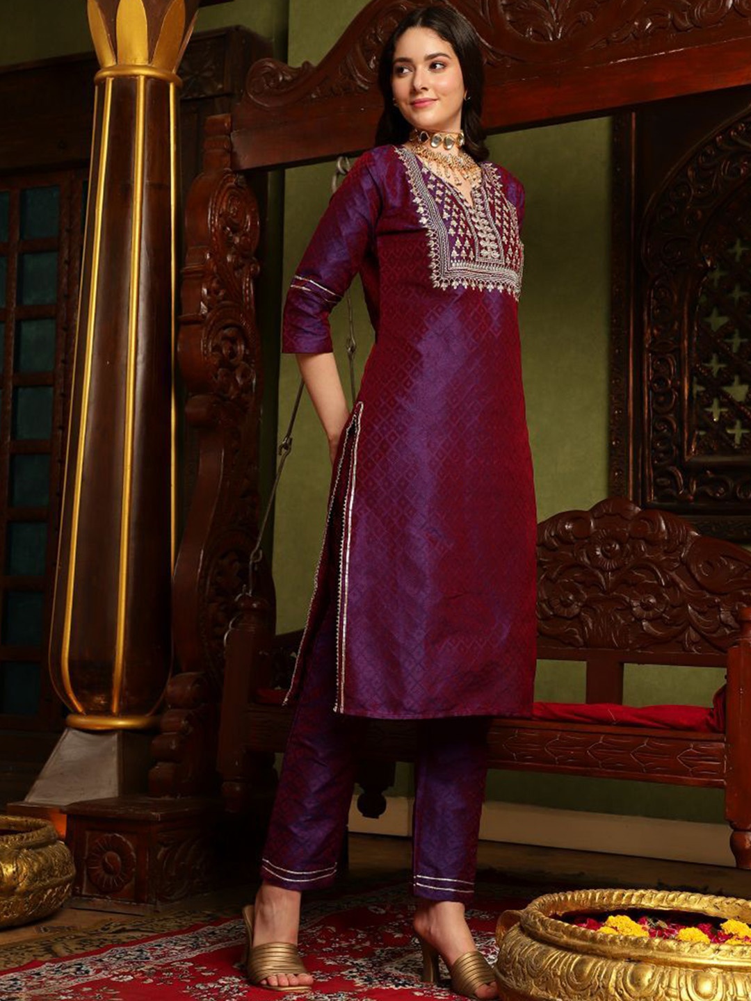 

Sangria Purple Geometric Self Design Notch Neck Sequinned Kurta With Trouser And Dupatta