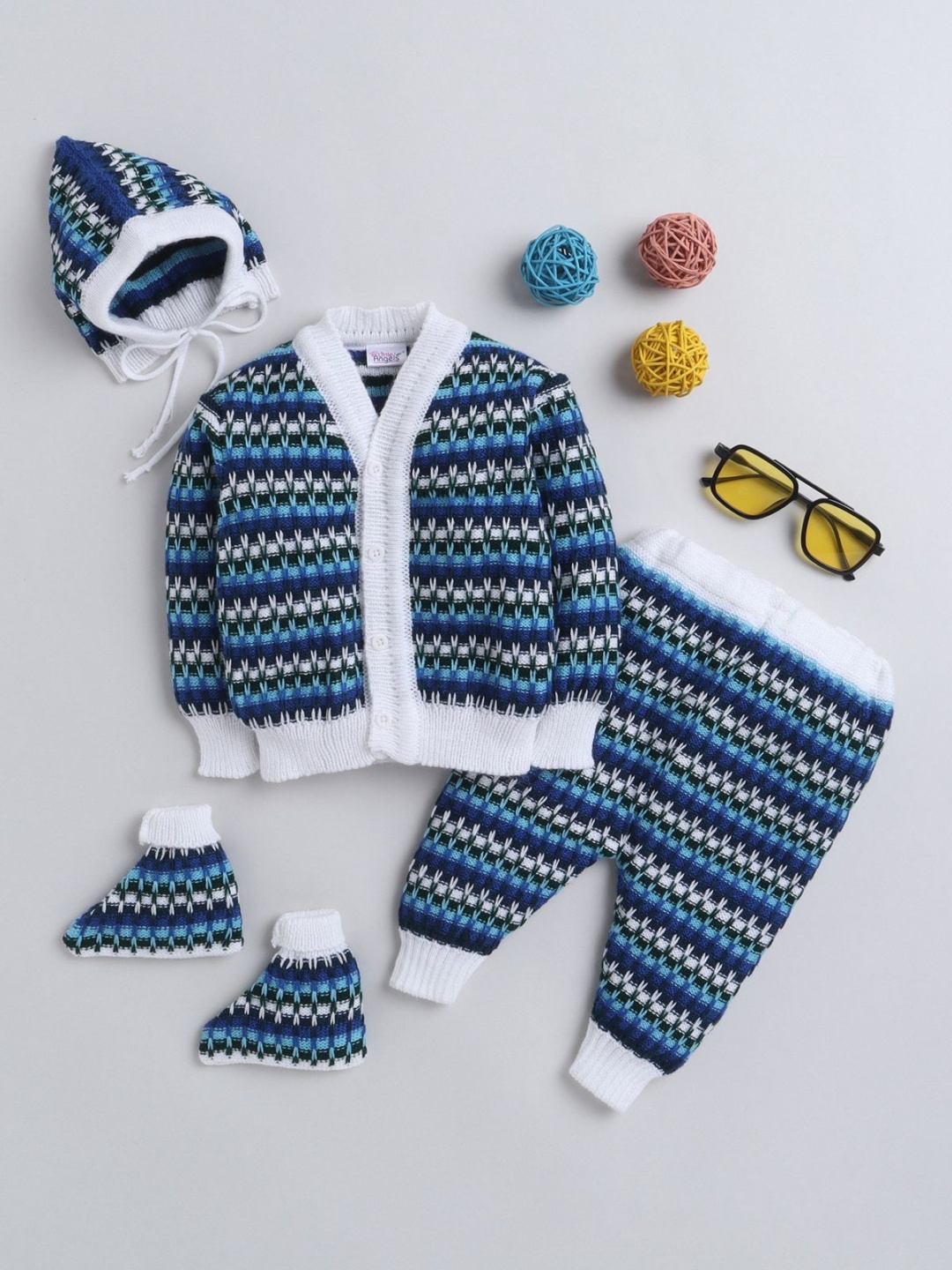 

Little Angels Boys 4 Piece Woollen Striped Sweater Set, Blue