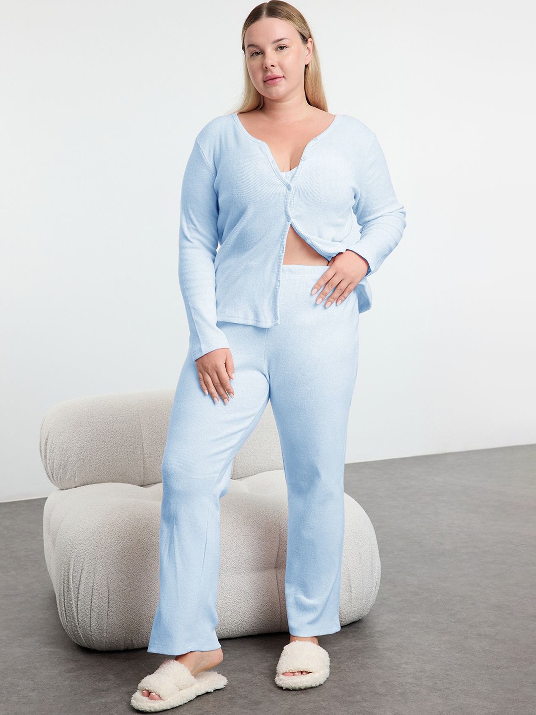 

Trendyol V-Neck Long Sleeves Night Suit, Blue