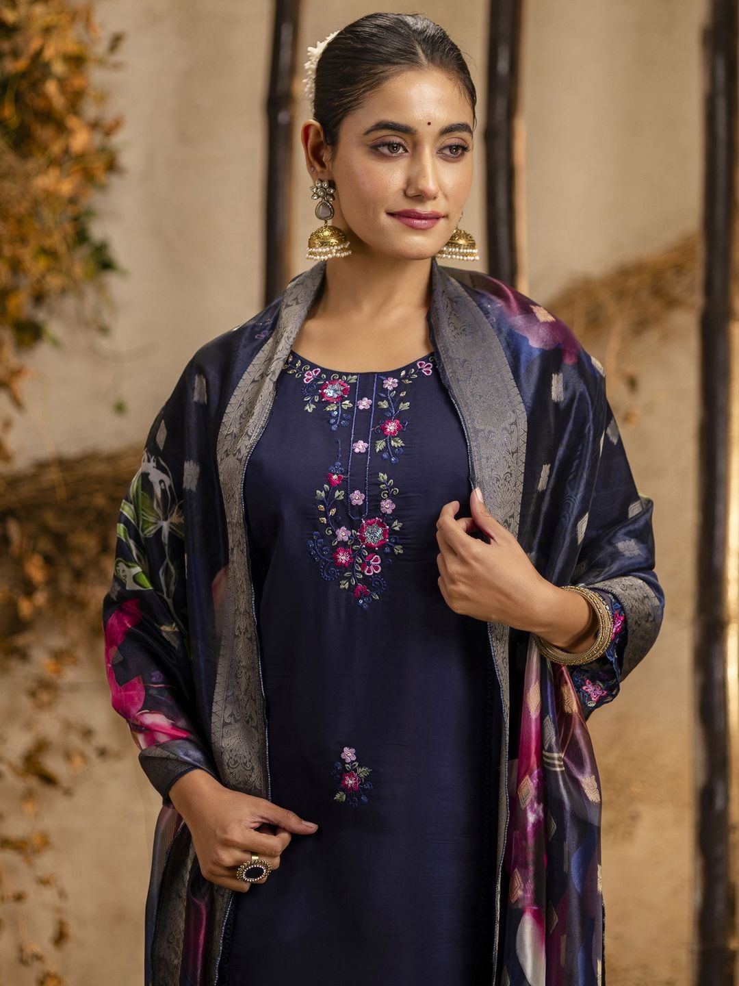 

VredeVogel Floral Embroidered Round Neck Straight Kurta With Trousers And Dupatta, Blue