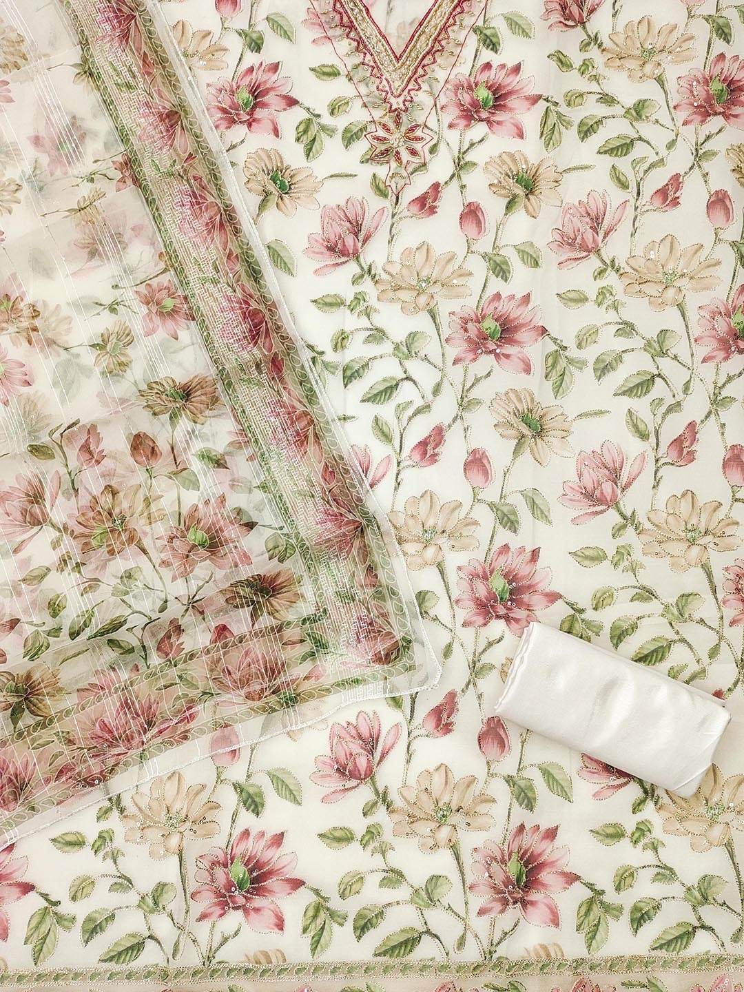 

Maroosh Floral Printed Beads & Stones Organza Unstitched Dress Material, White