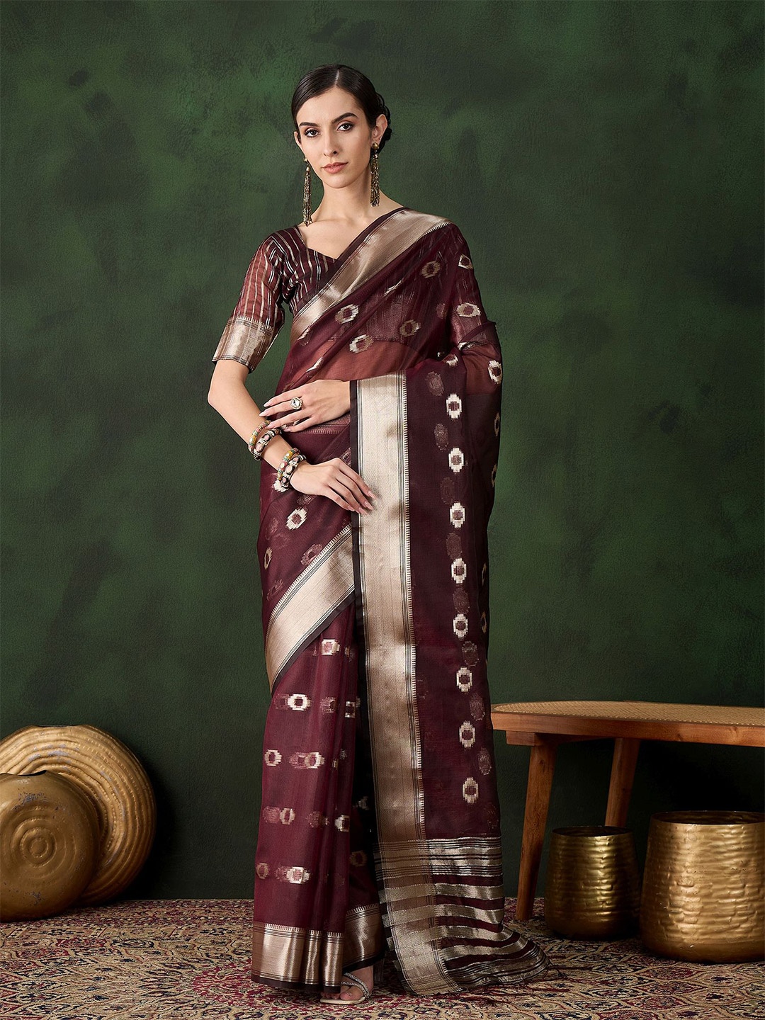 

KALINI Woven Design Zari Organza Kanjeevaram Saree, Burgundy