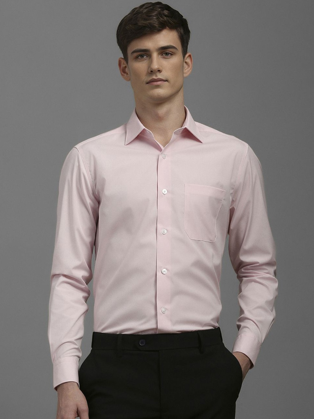 

Louis Philippe Men Classic Slim Fit Spread Collar Solid Cotton Formal Shirt, Pink