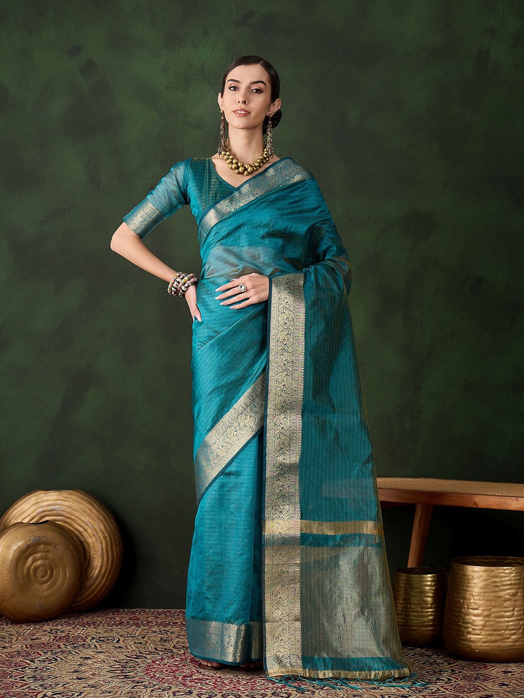 

KALINI Zari Organza Kanjeevaram Saree, Teal