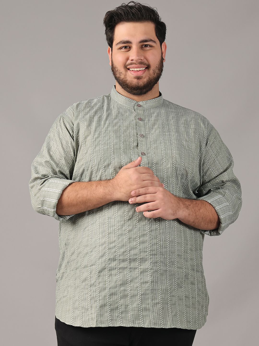 

SOJANYA PLUS Size Geometric Woven Design Band Collar Cotton Straight Kurta, Green
