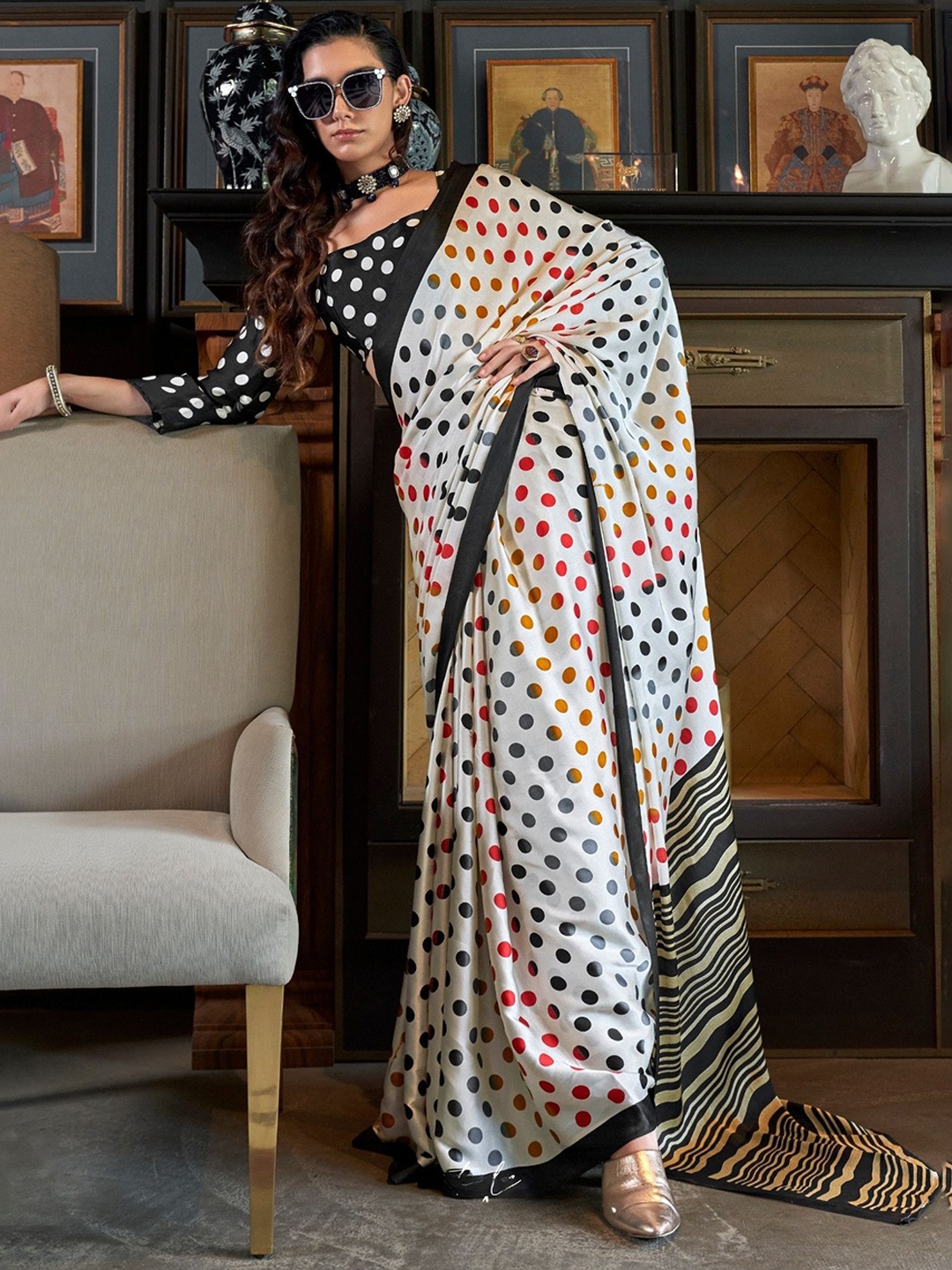 

MySilkLove Polka Dot Printed Satin Saree, White