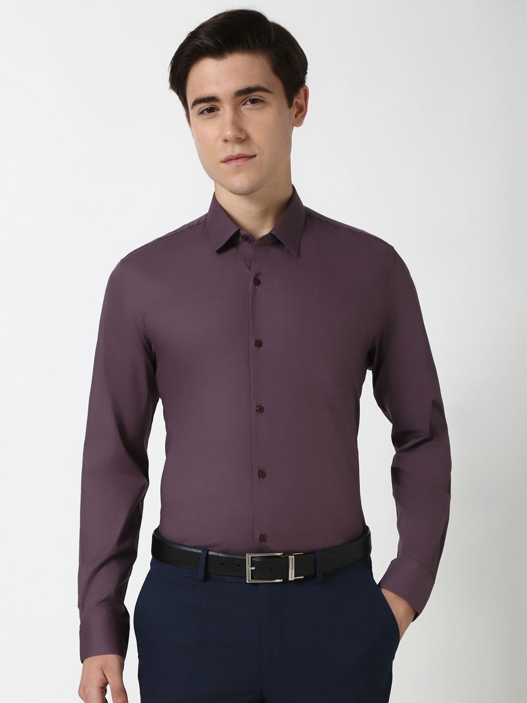 

Peter England Men Slim Fit Spread Collar Solid Cotton Formal Shirt, Purple