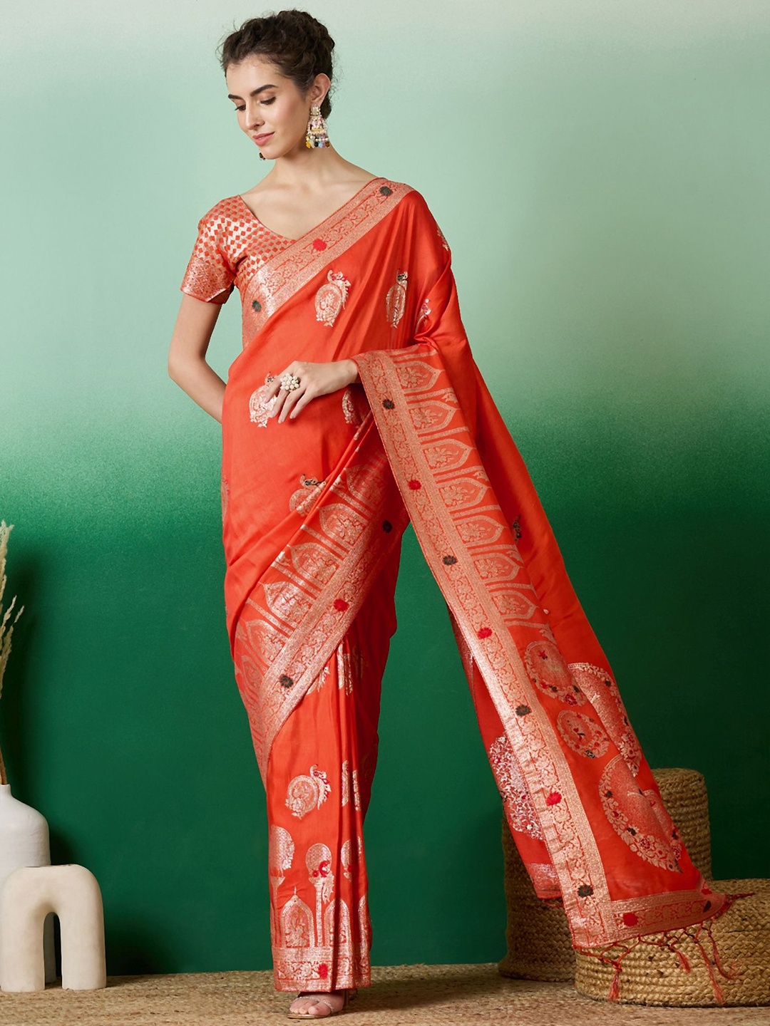 

KALINI Woven Design Zari Banarasi Saree, Orange