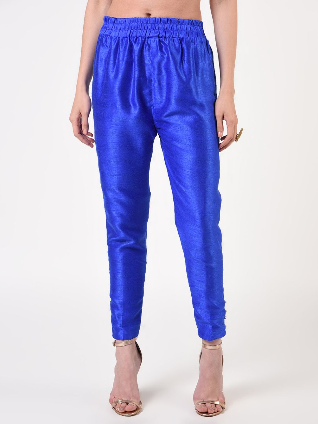 

FLOREOS Women Textured Comfort Trousers, Blue