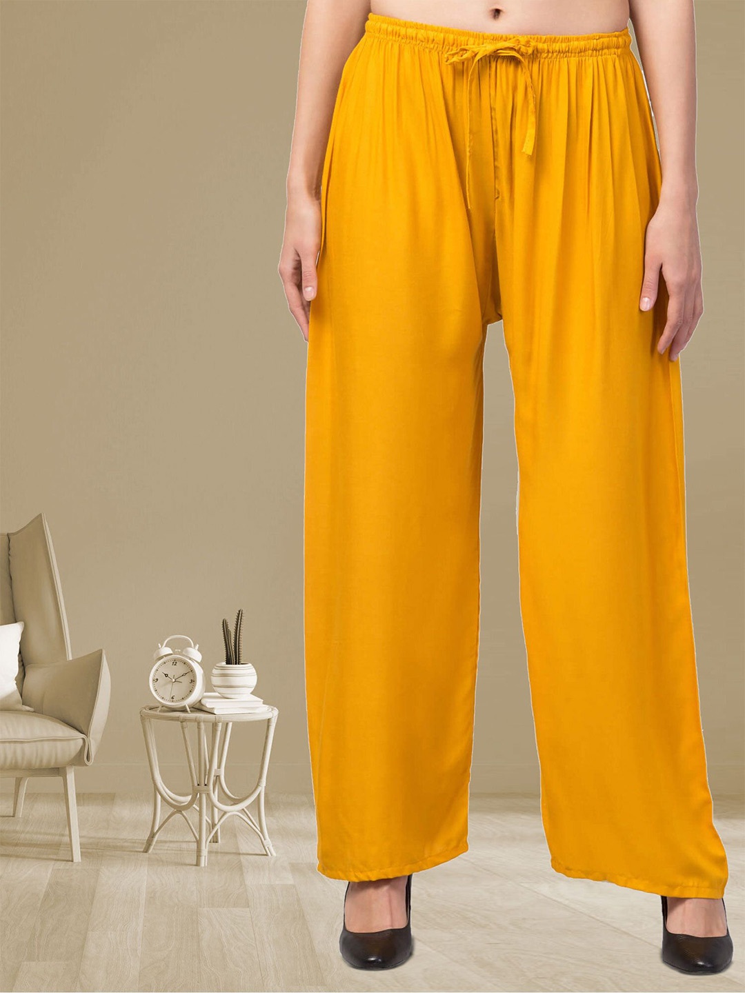 

FAMBEE Women Flared Knitted Palazzos, Yellow