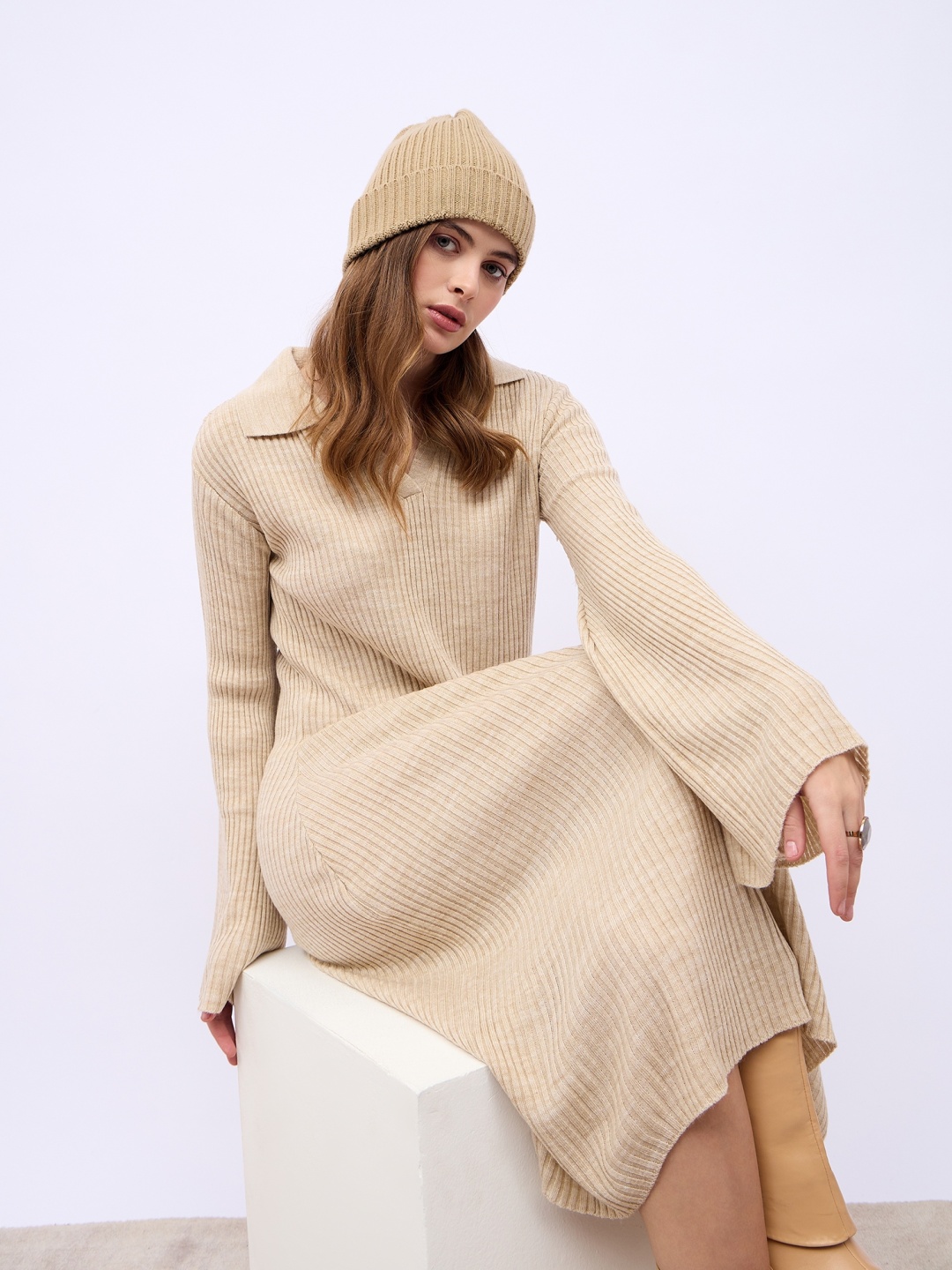 

Styli Collar Neck Flared Sleeves Fit & Flare Midi Length Dress, Beige