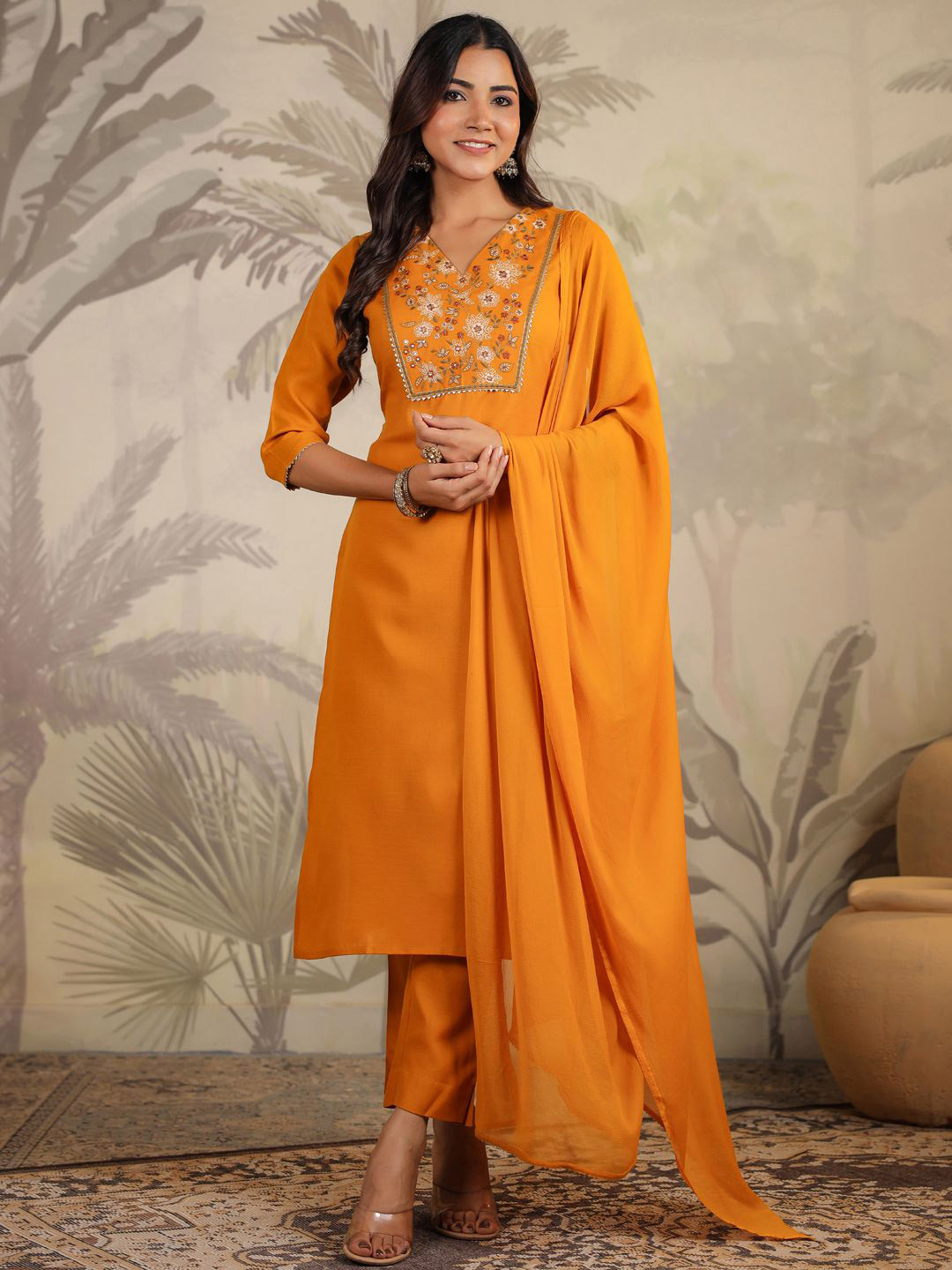 

Janasya Women Floral Embroidered Regular Thread Work Pure Cotton Kurta with Trousers & With Dupatta, Orange