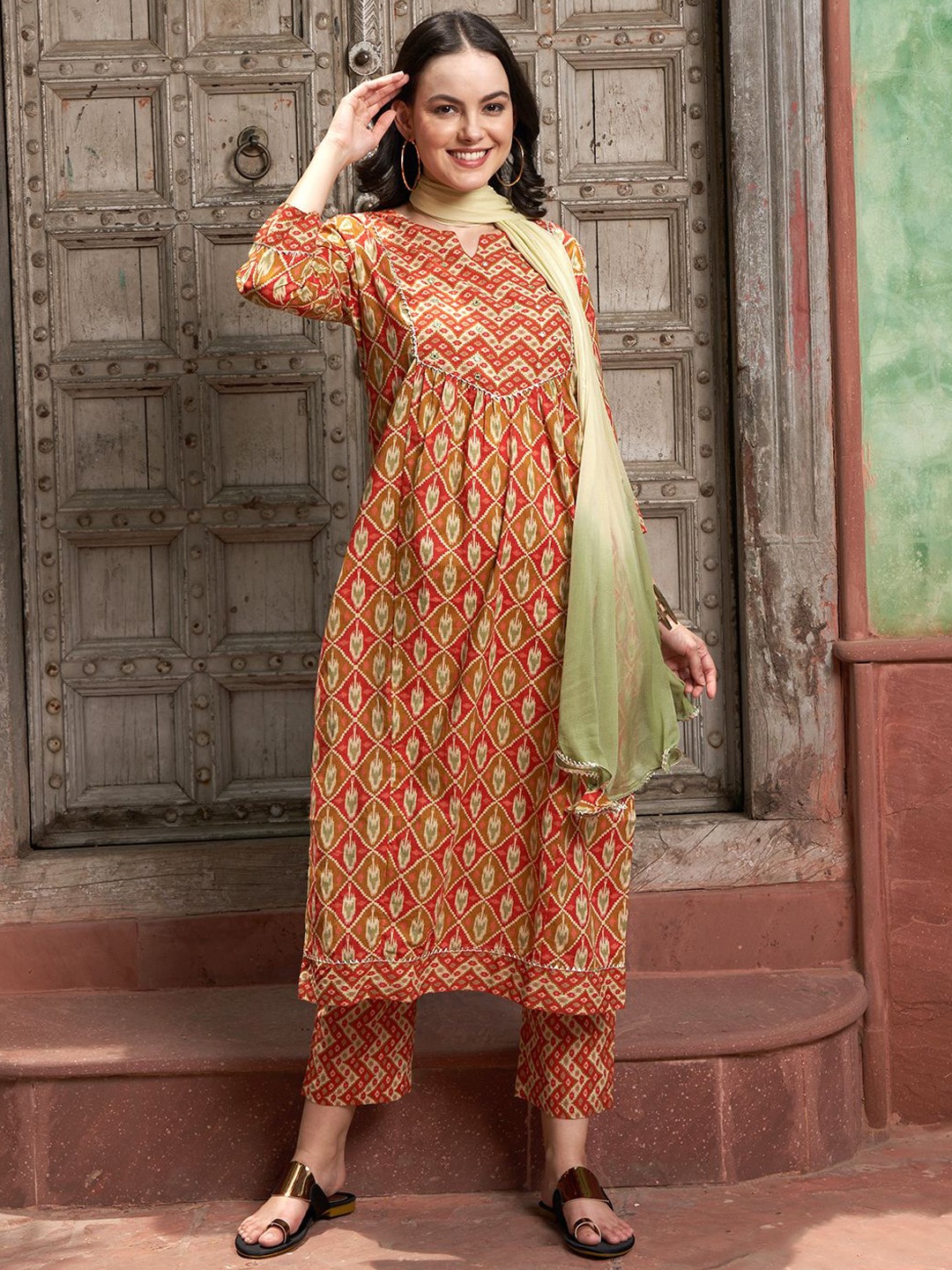 

Sangria Red Ethnic Motifs Printed Notch Neck Pure Cotton Kurta With Trouser And Dupatta