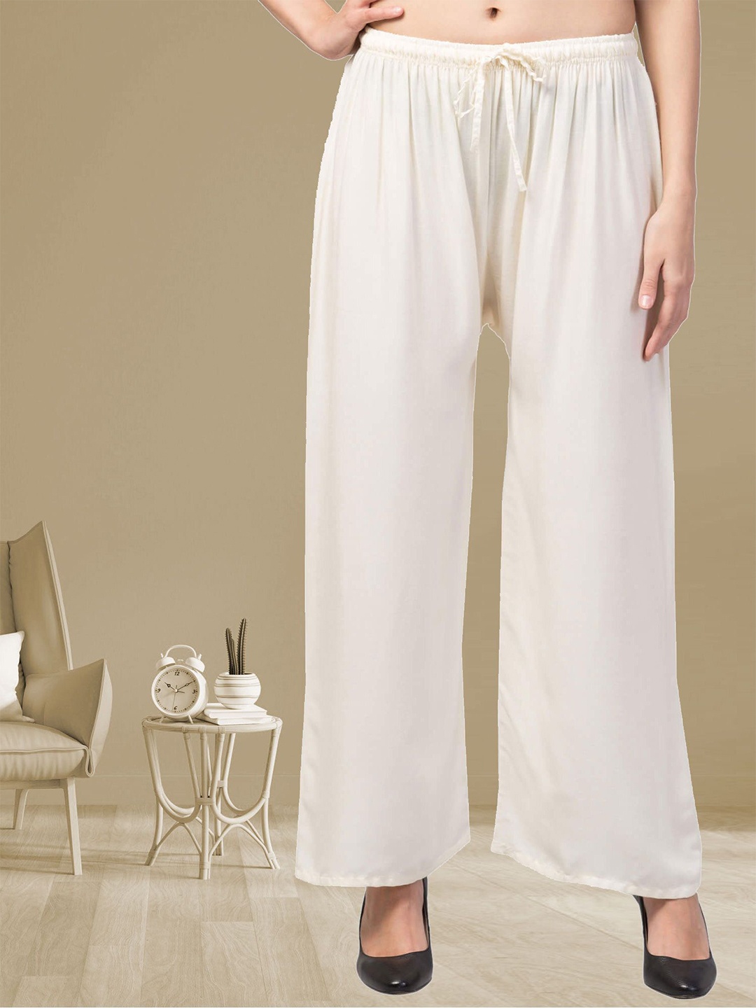 

FAMBEE Women Flared Knitted Palazzos, Cream