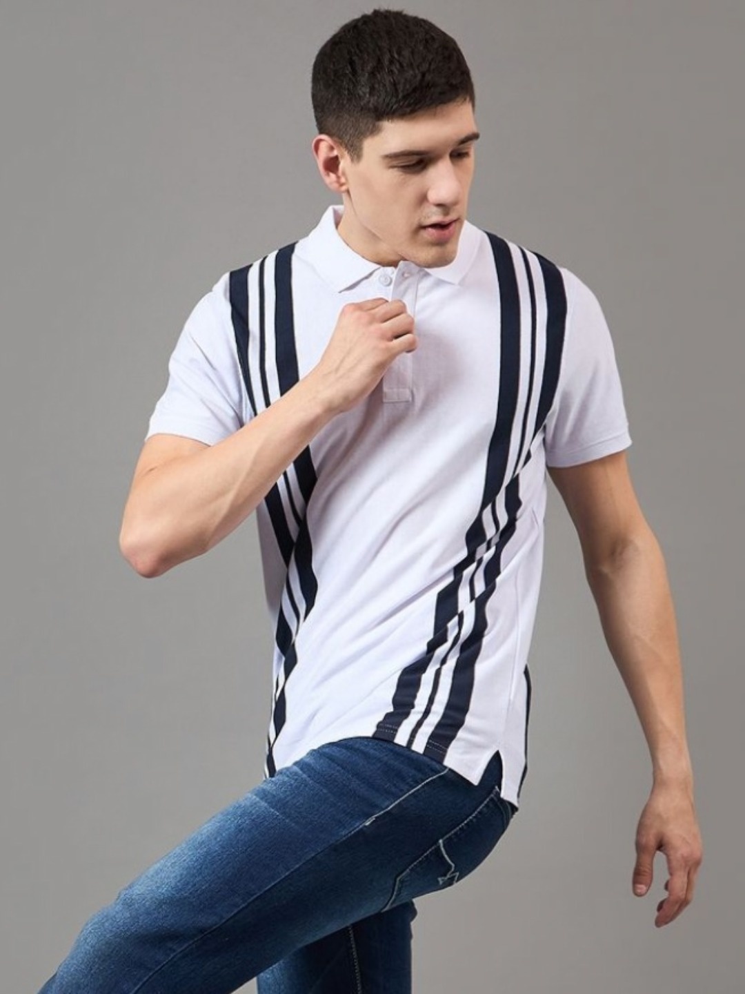 

BRONATION Men Striped Polo Collar Cotton T-shirt, White
