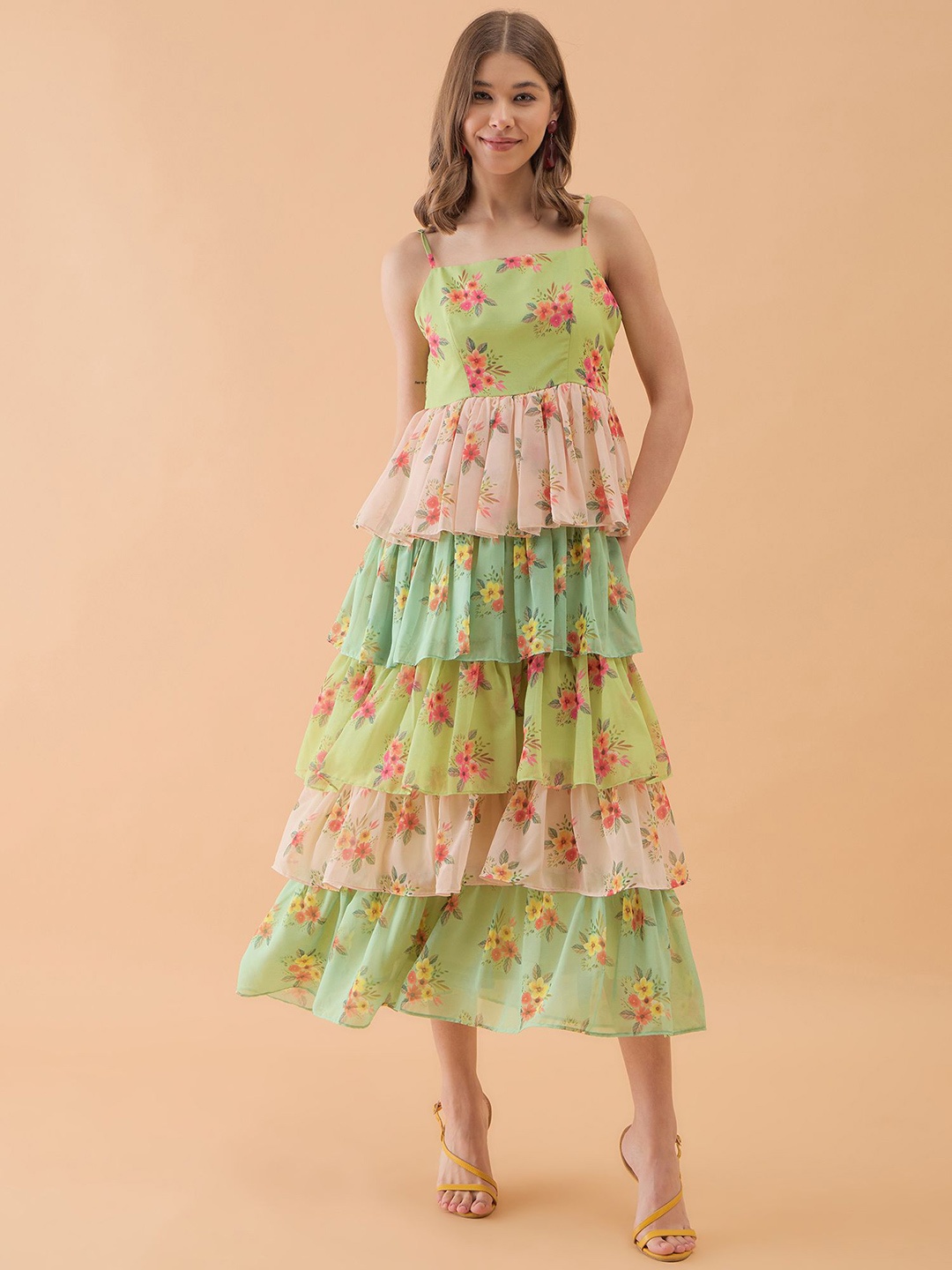 

OCTICS Women Floral Printed Fit & Flare Midi Dress, Green