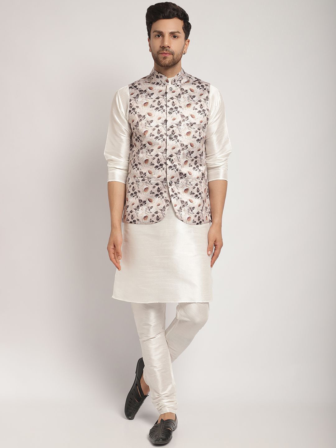 

Kaifoo Mandarin Collar Long Sleeves Straight Kurta with Churidar & Printed Nehru Jacket, White