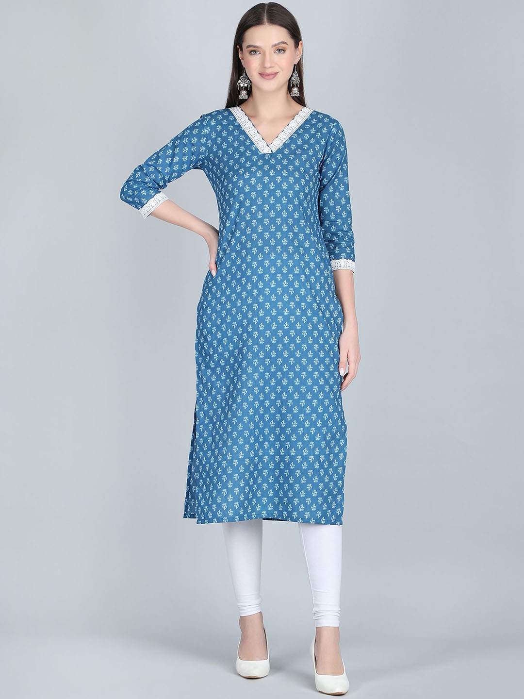 

ANANDITA Floral Printed V Neck Lace Work Pure Cotton Printed Kurta, Blue