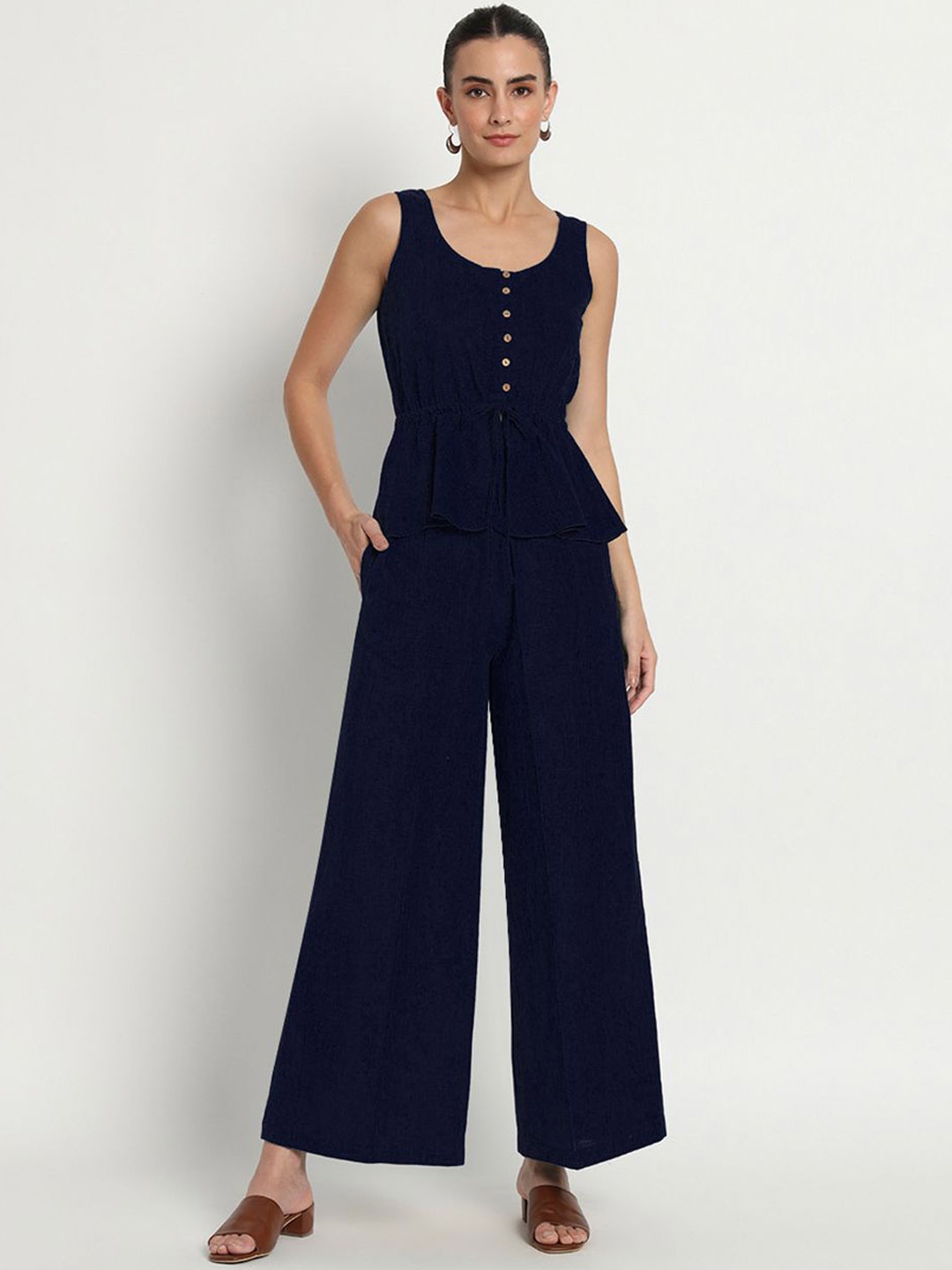 

Thevasa Scoop Neck Sleeveless Pure Cotton Peplum Top With Trousers, Blue