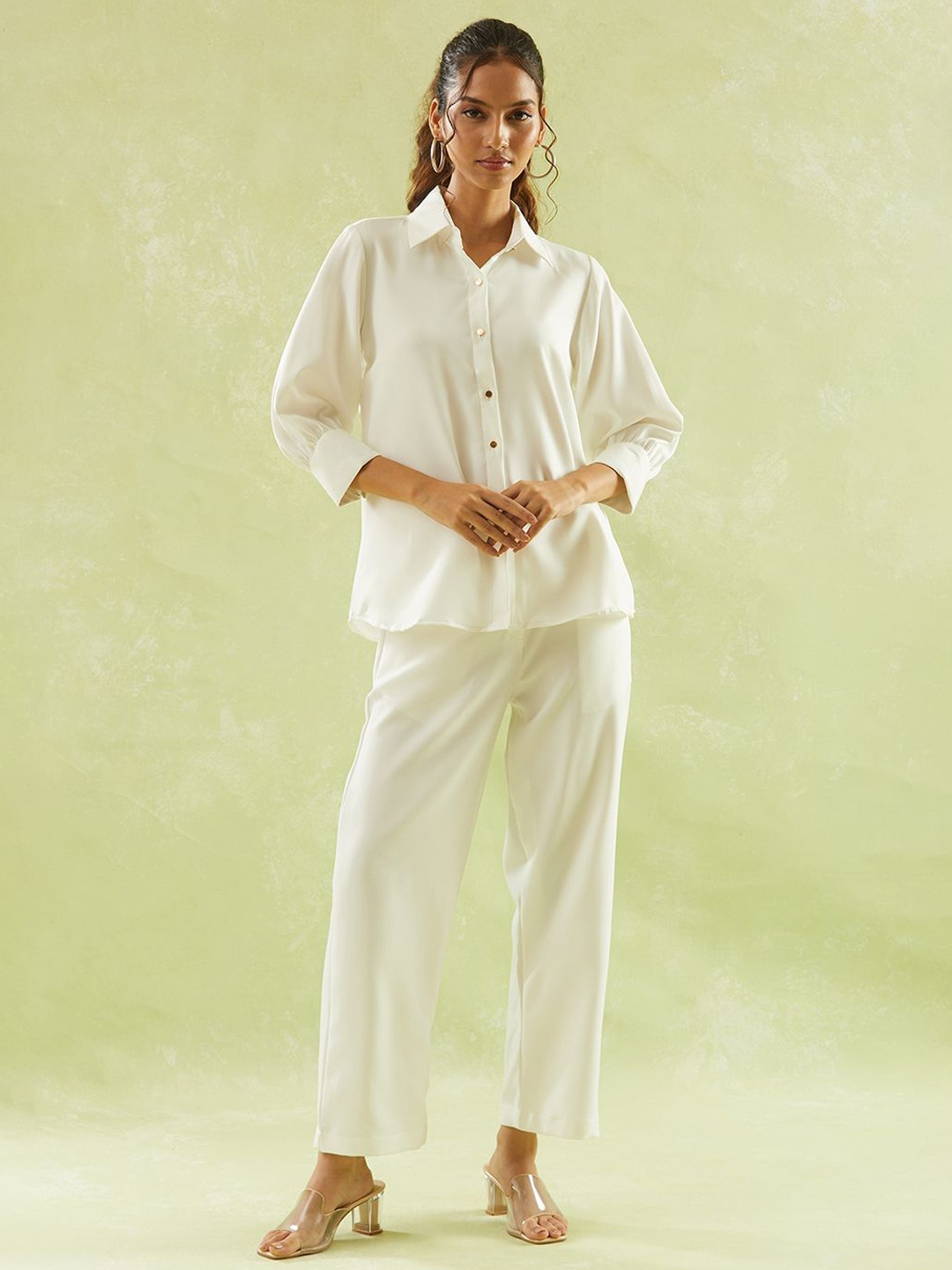 

Samyukta Singhania Shirt Collar Cuffed Sleeves Lycra Shirt With Trousers, Cream