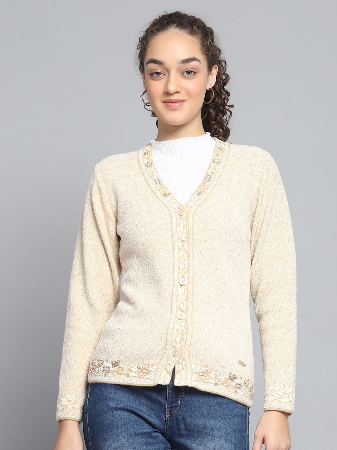 

Monte Carlo Women Embroidered Woollen Cardigan, Beige
