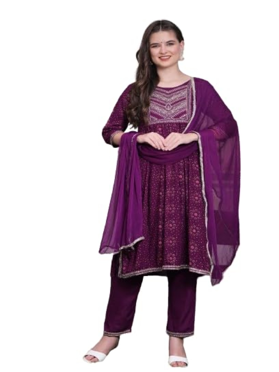 

13-Star Ethnic Motifs Kimono Sleeve Fit & Flare Dress, Purple