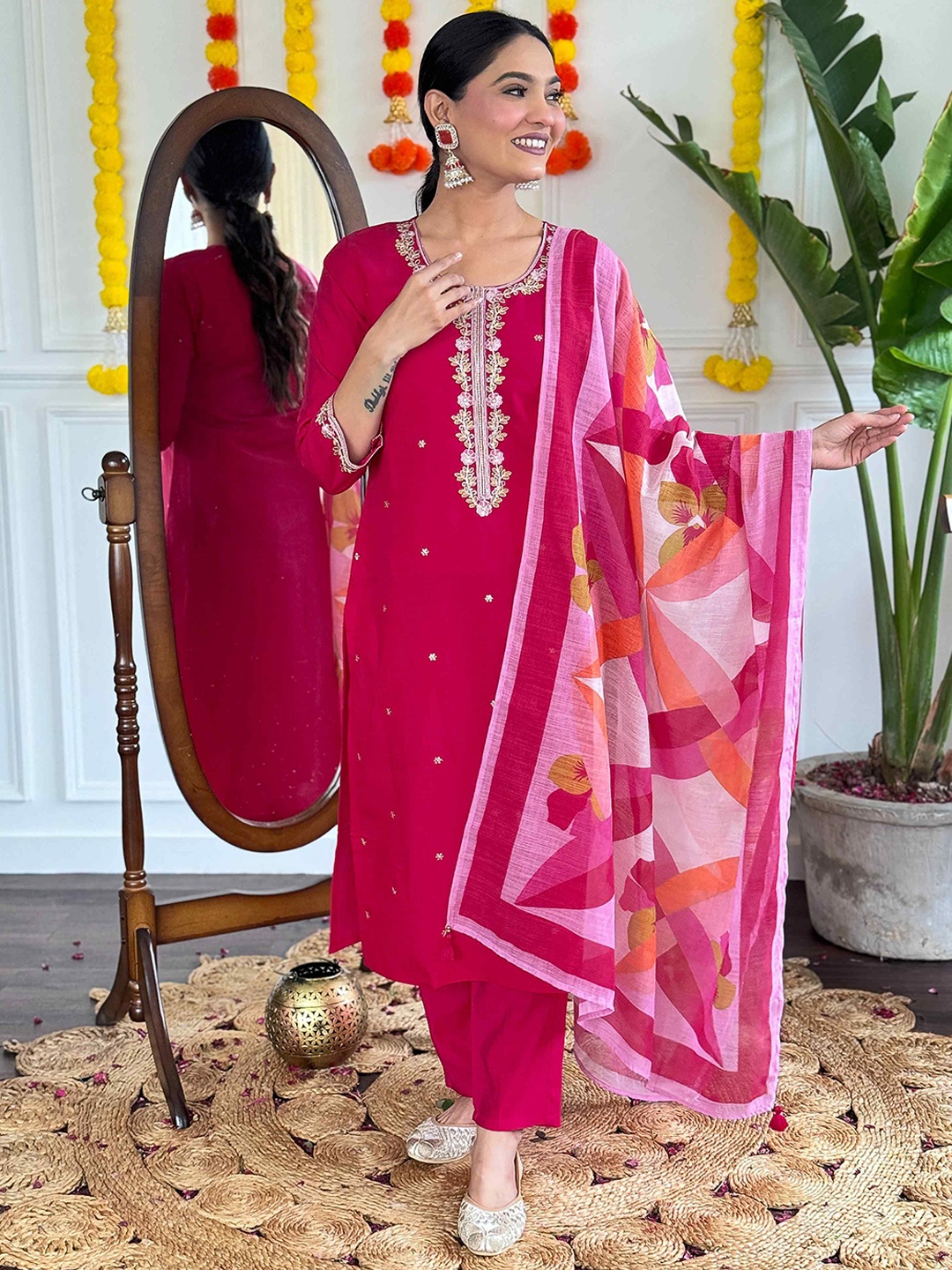 

HERE&NOW Floral Embroidered Sequnnied Straight Kurta With Trousers And Dupatta, Pink