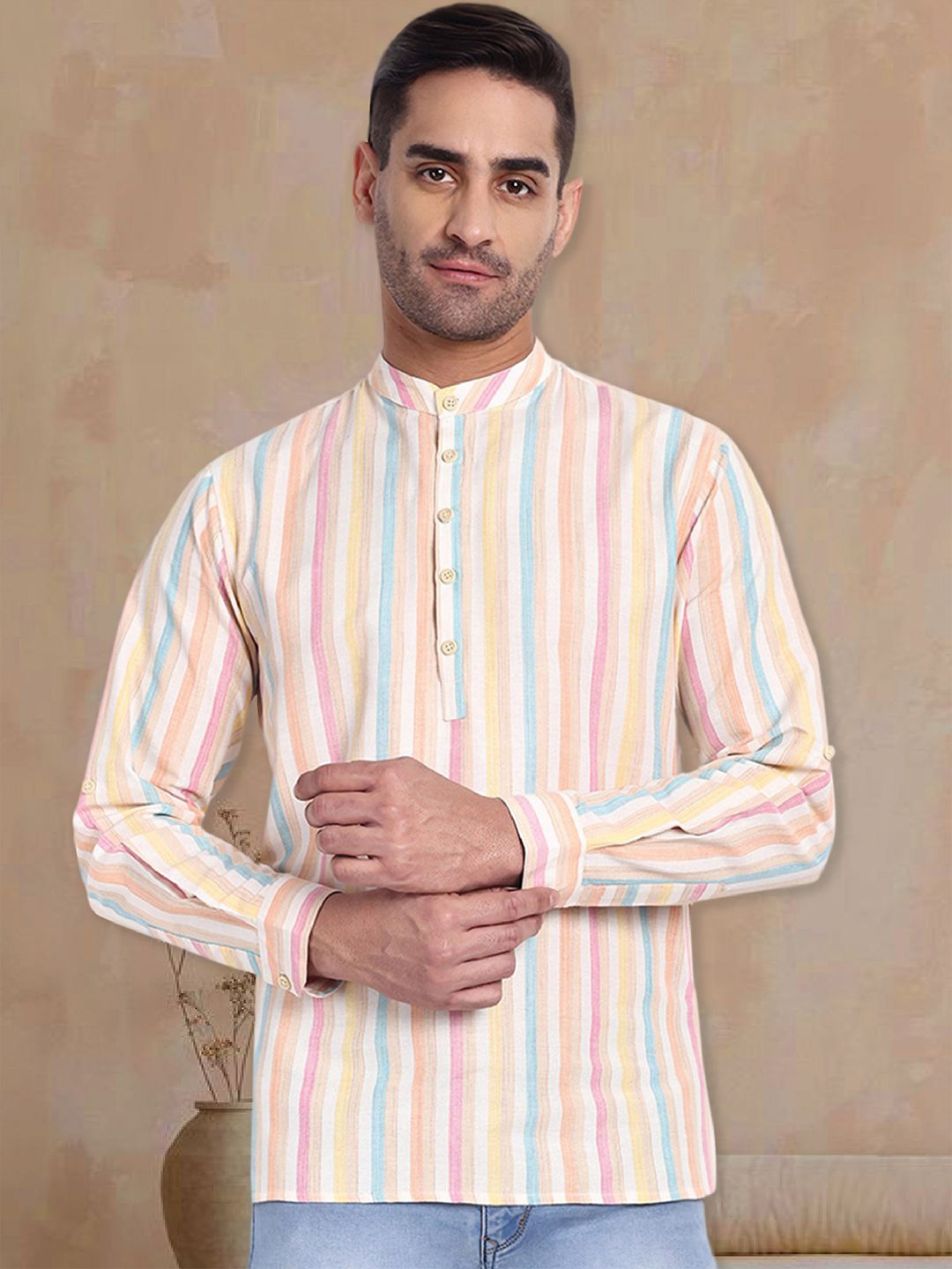 

Tesmare Striped Band Collar Roll-Up Sleeves Pure Cotton Straight Short Kurtas, White