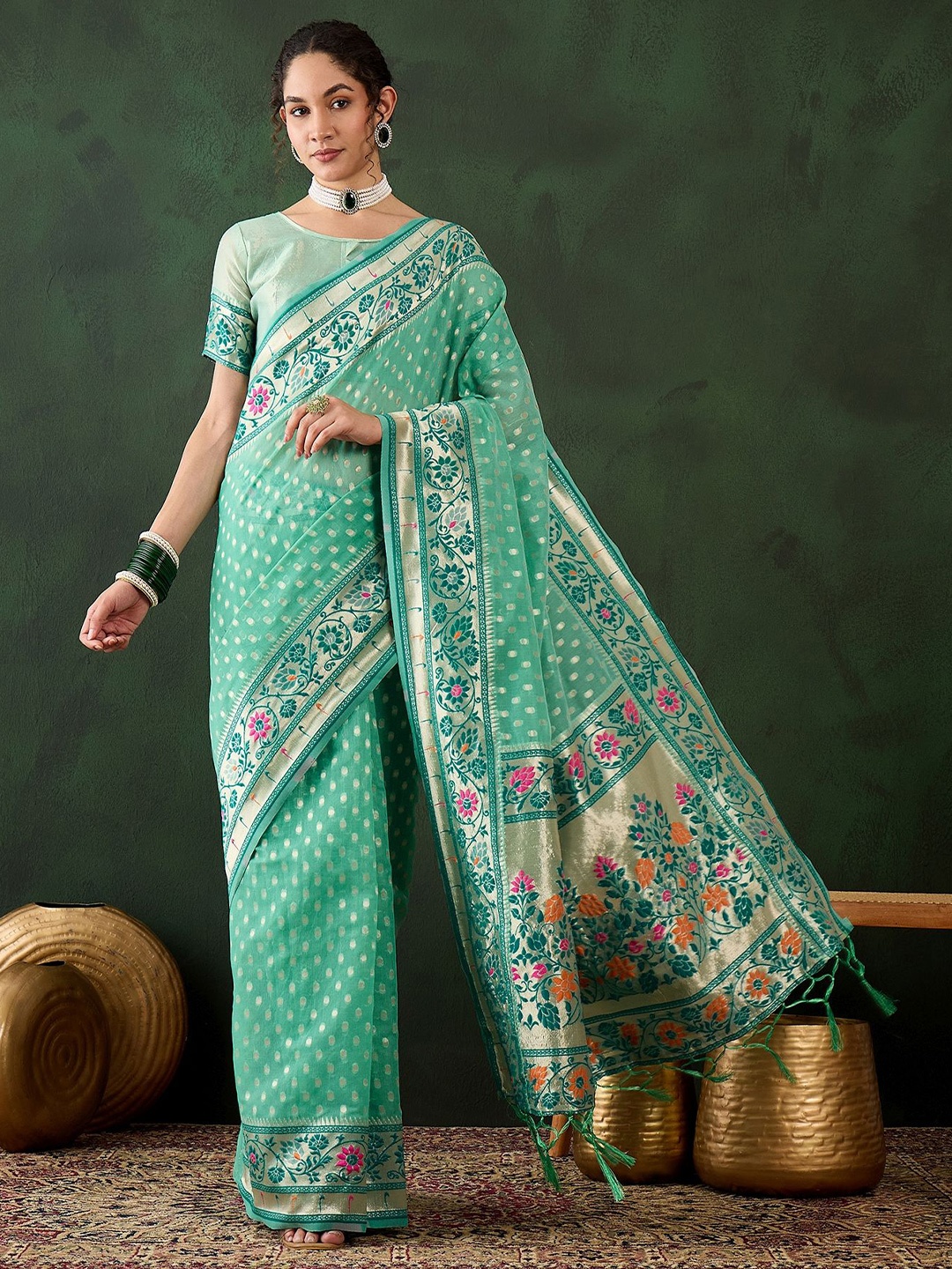 

KALINI Woven Design Zari Banarasi Saree, Sea green