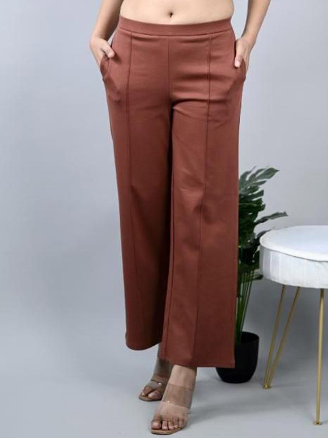 

Mlada Women Cotton Flared Mid-Rise Wide Leg Trouser, Brown