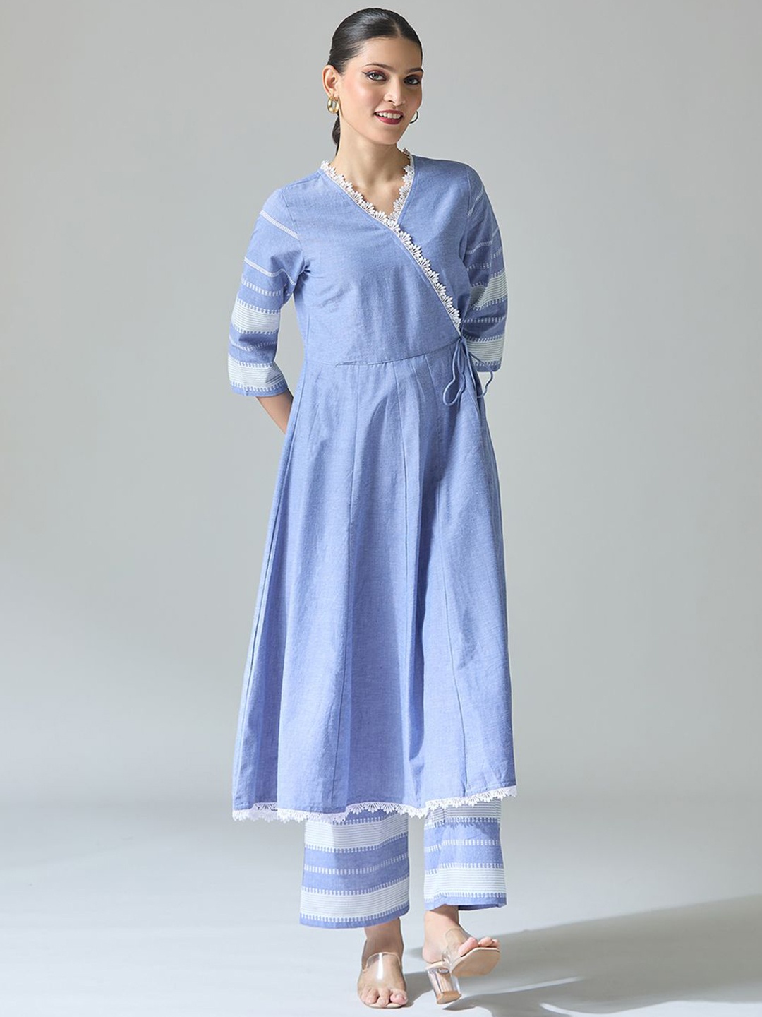 

Samyukta Singhania Striped V Neck Pure Cotton Anarkali Kurta With Palazzos, Blue