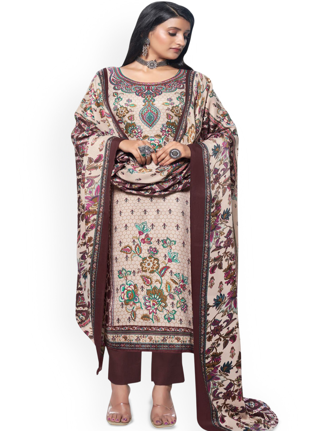 

DRAVINAM Trends Floral Printed Unstitched Dress Material, Brown