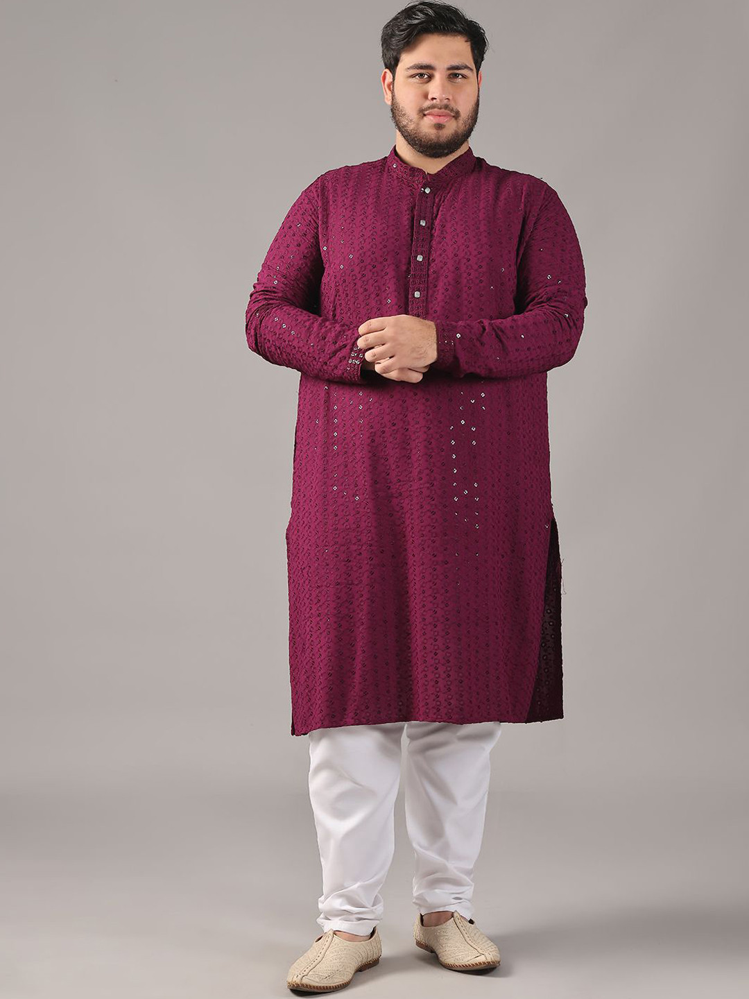 

SOJANYA PLUS Size Floral Embroidered Band Collar Sequinned Cotton Straight Kurta, Burgundy