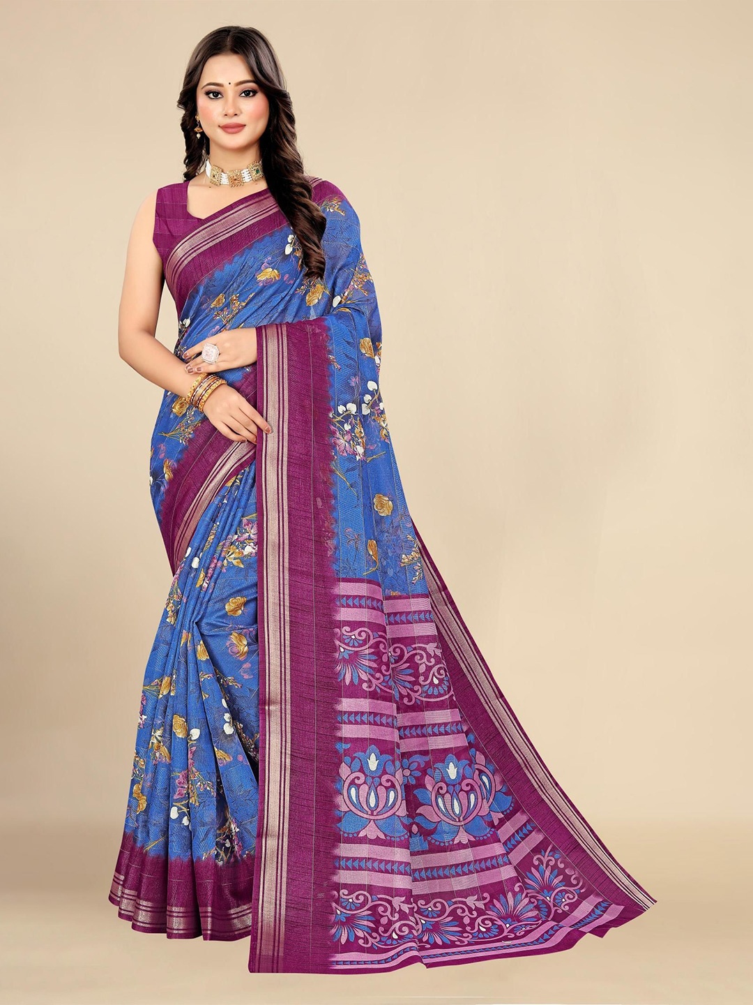 

Styleveda Floral Printed Zari Saree, Blue